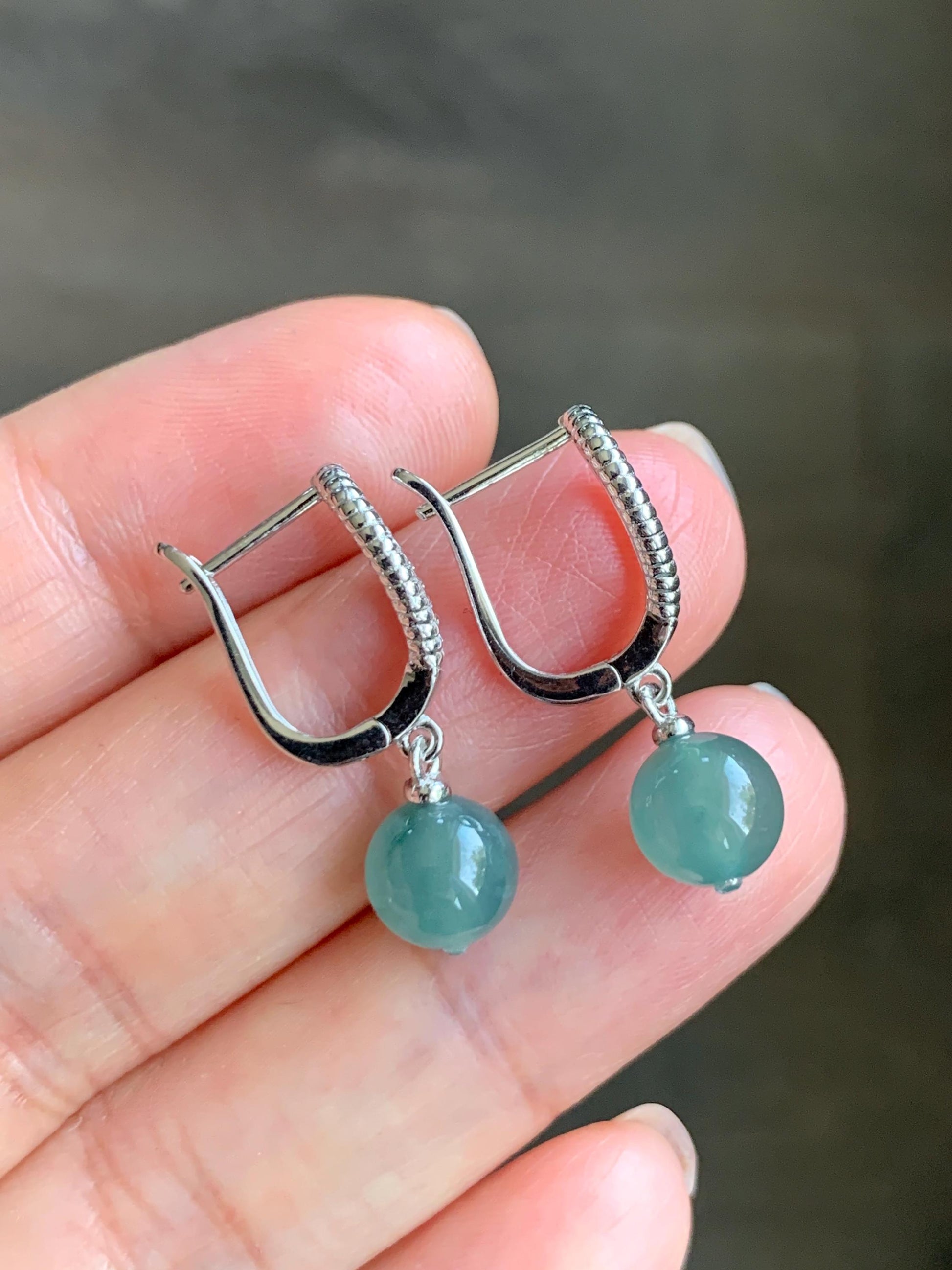 Natural Grade A Guatemalan Icy Highly Translucent Teal Blue Jadeite Beads Lever Back Dangle Earrings Sterling Silver 天然高冰危蓝翡翠圆珠耳钩 EBZ77A