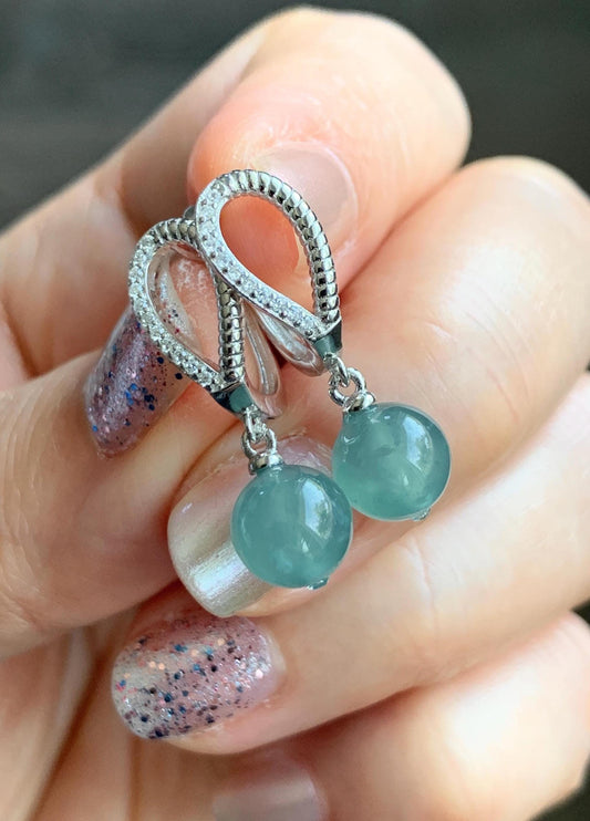 Natural Guatemalan Icy Highly Translucent Light Teal Blue Jadeite Beads Lever Back Dangle Earrings Sterling Silver 天然高冰危浅蓝翡翠圆珠耳钩 EBZ77B