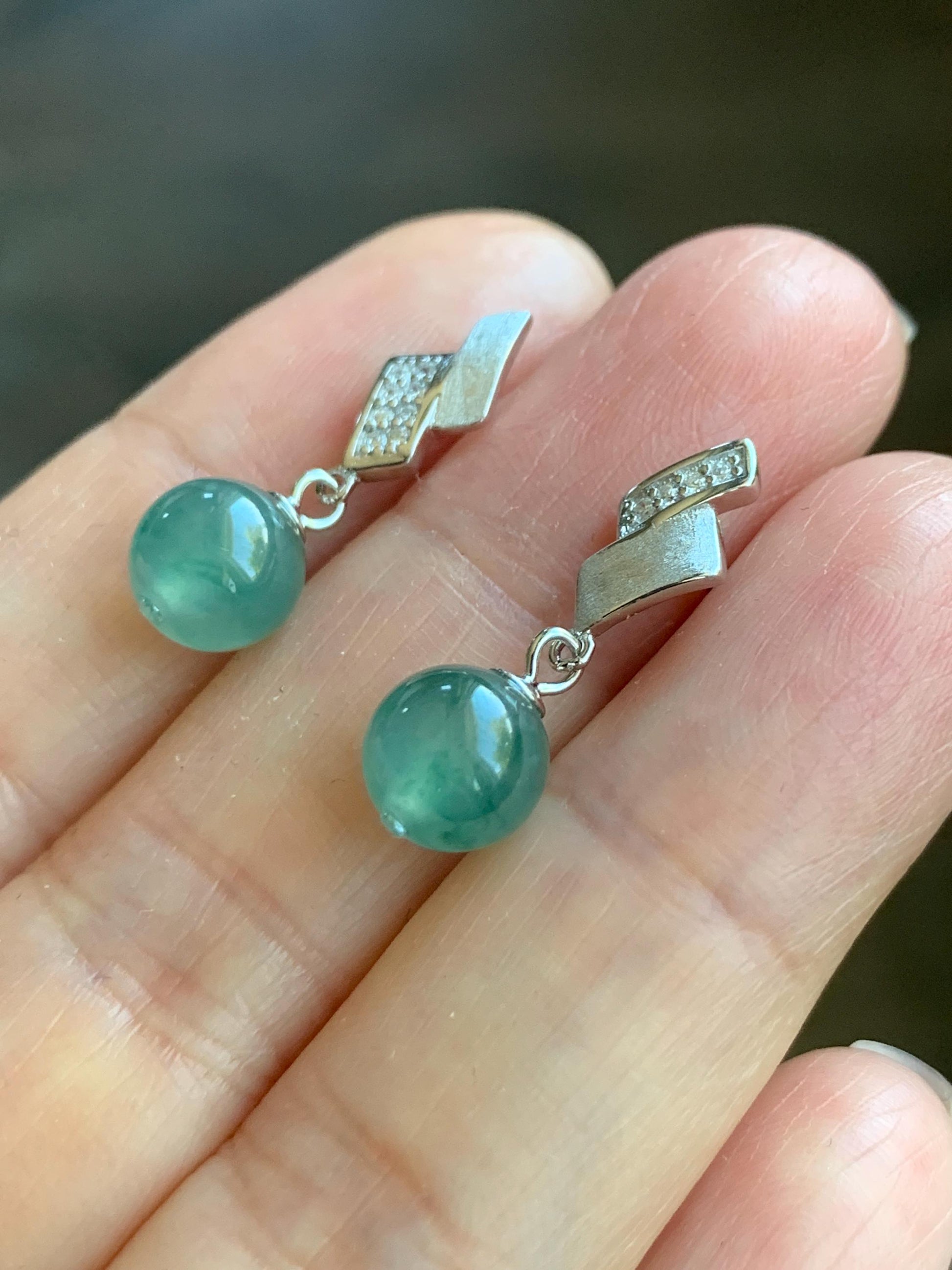 Natural Grade A Guatemalan Icy Highly Translucent Light Teal Green Jadeite Beads Stud Dangle Earrings Sterling Silver 天然冰危蓝绿翡翠圆珠耳钉 BPS77A