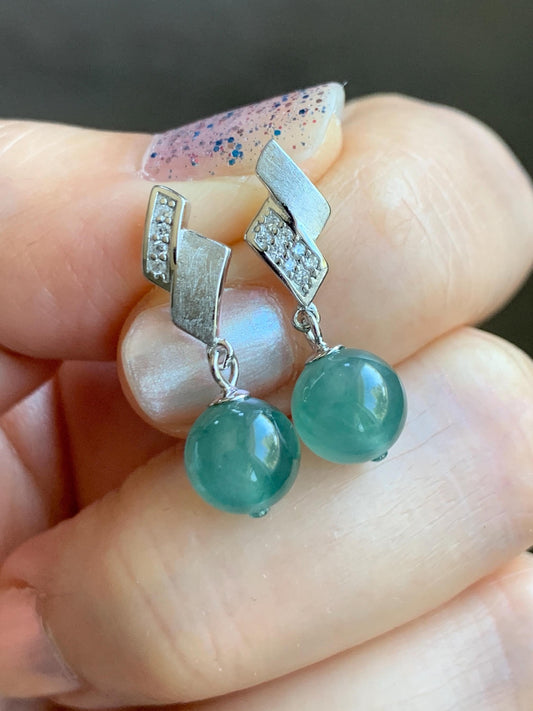 Natural Grade A Guatemalan Icy Highly Translucent Light Teal Green Jadeite Beads Stud Dangle Earrings Sterling Silver 天然冰危蓝绿翡翠圆珠耳钉 BPS77A