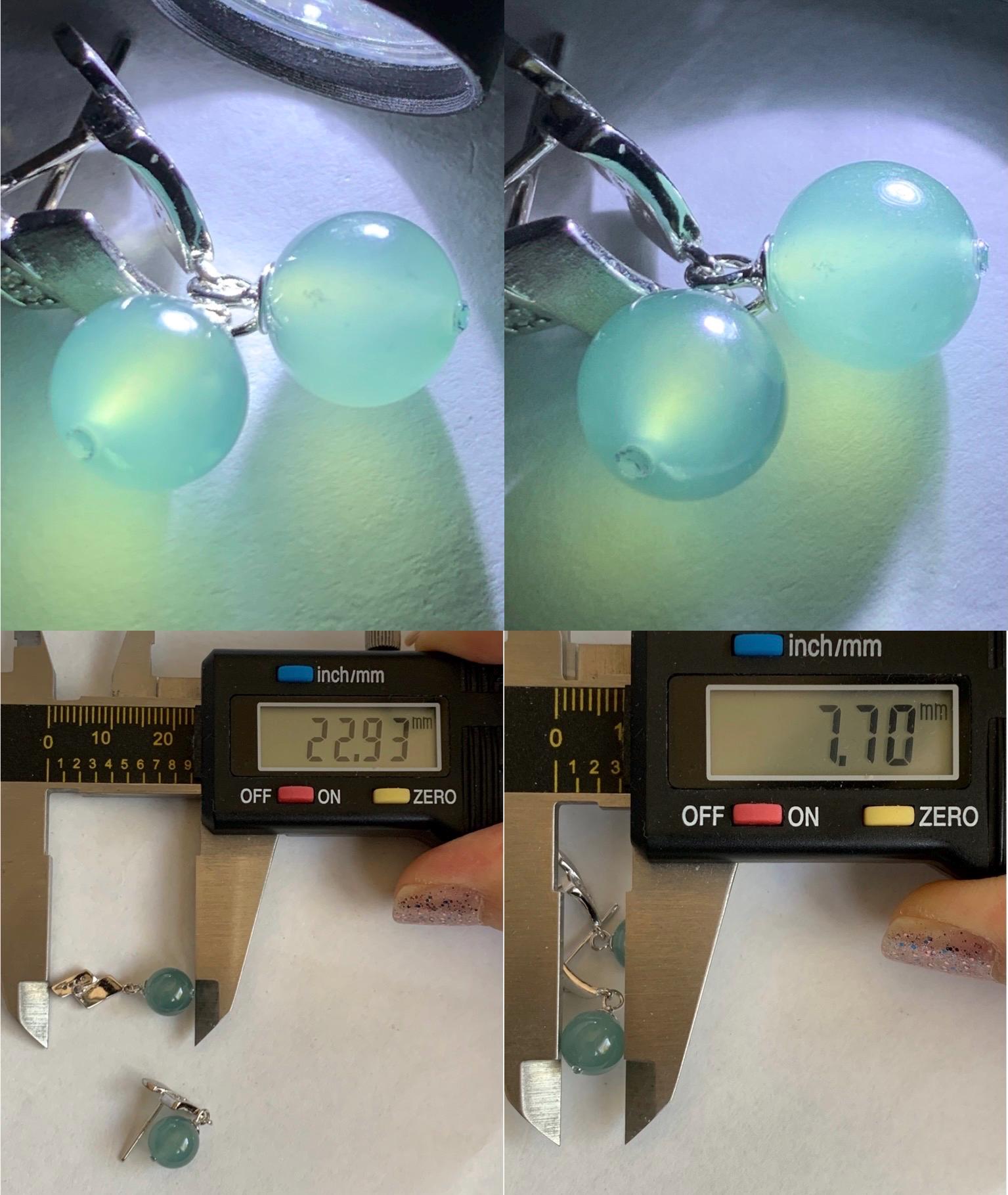 Natural Grade A Guatemalan Icy Highly Translucent Light Teal Blue Jadeite Beads Stud Dangle Earrings Sterling Silver 天然冰危浅蓝翡翠圆珠耳钉 BPS77B