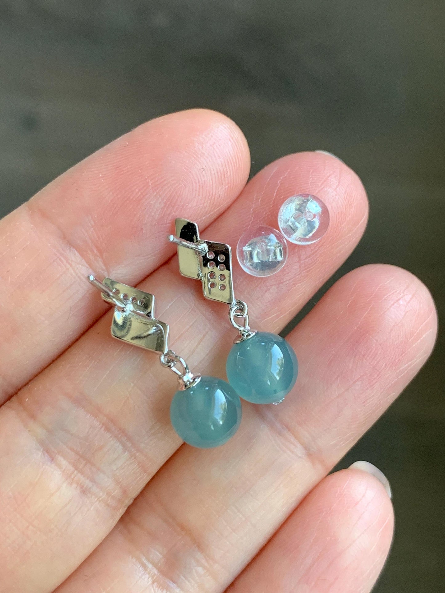 Natural Grade A Guatemalan Icy Highly Translucent Light Teal Blue Jadeite Beads Stud Dangle Earrings Sterling Silver 天然冰危浅蓝翡翠圆珠耳钉 BPS77B