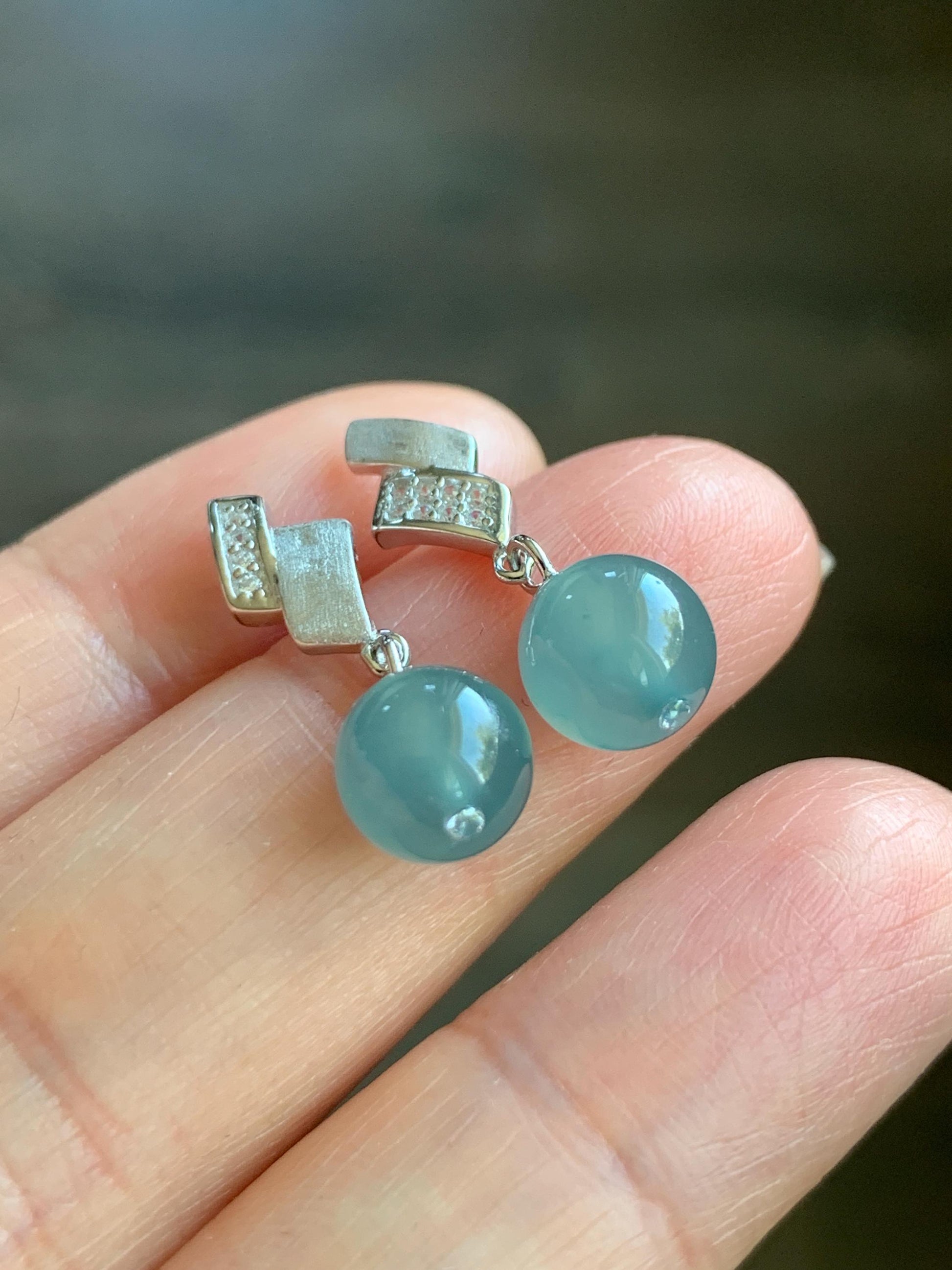 Natural Grade A Guatemalan Icy Highly Translucent Light Teal Blue Jadeite Beads Stud Dangle Earrings Sterling Silver 天然冰危浅蓝翡翠圆珠耳钉 BPS77B