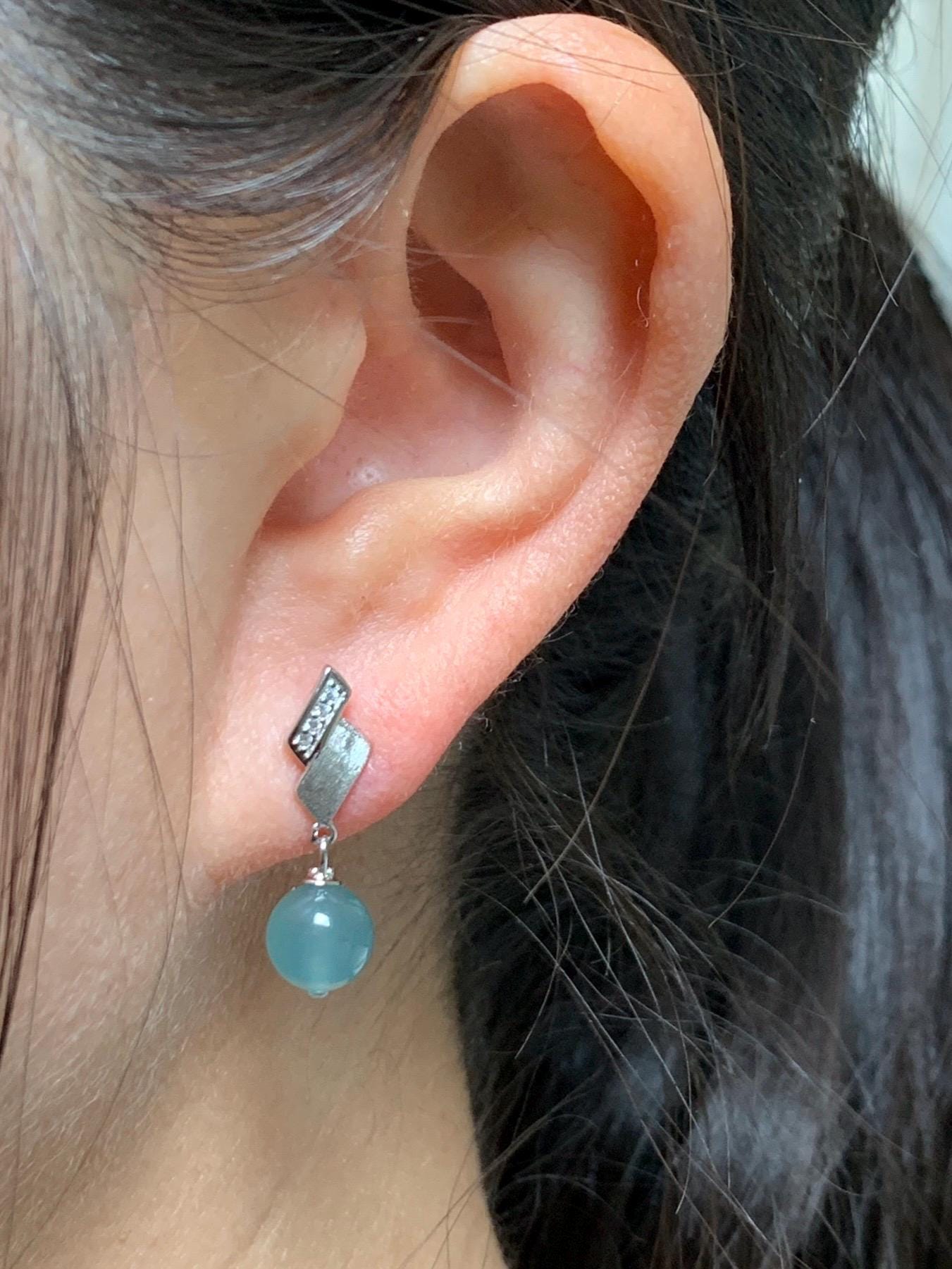Natural Grade A Guatemalan Icy Highly Translucent Light Teal Blue Jadeite Beads Stud Dangle Earrings Sterling Silver 天然冰危浅蓝翡翠圆珠耳钉 BPS77B