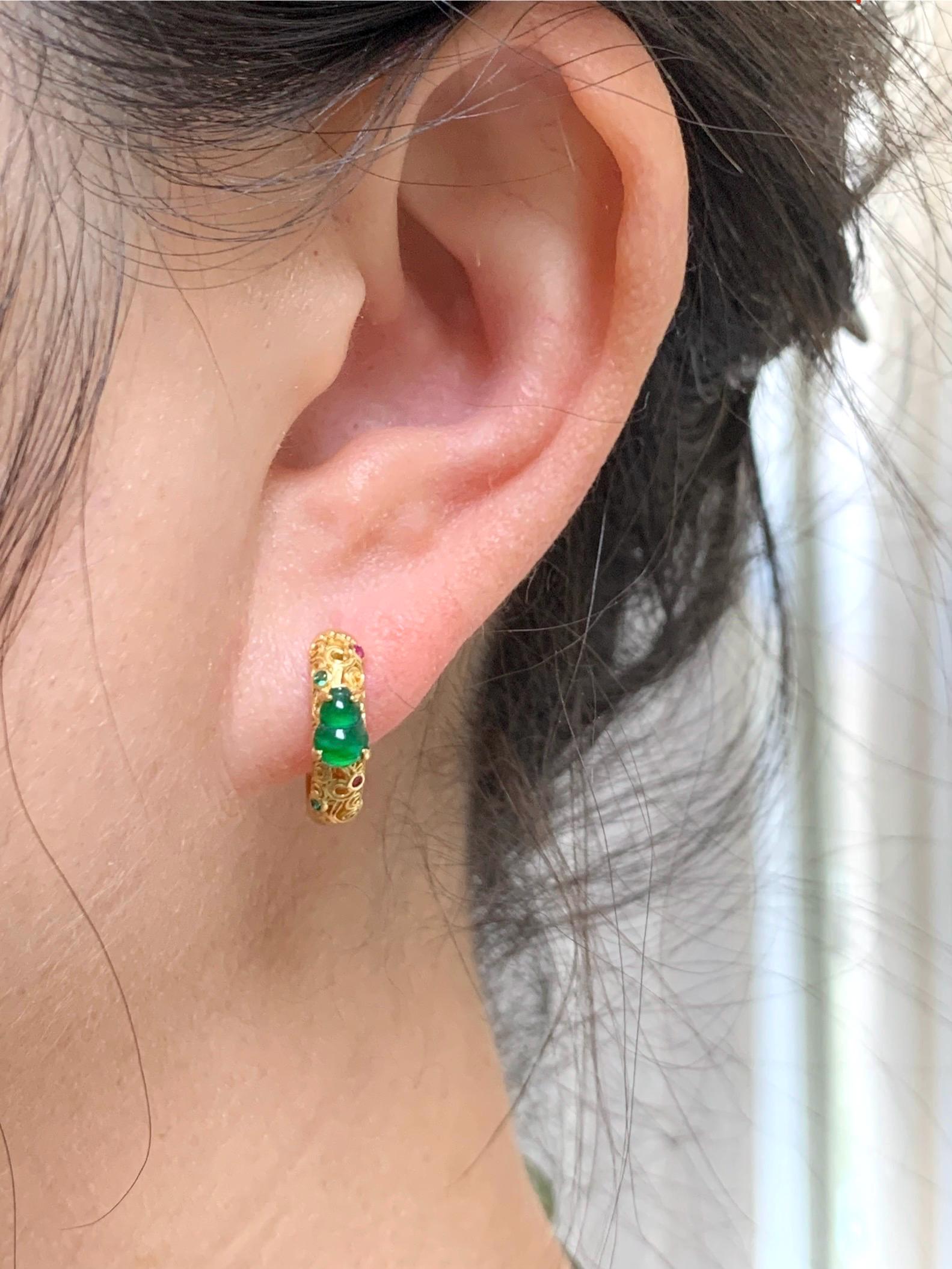 Natural Guatemalan Icy Translucent Vibrant Green Gourd Jadeite Hoop Huggie Earrings Sterling Silver Yellow Gold Overlay 天然冰危绿翡翠葫芦银镶耳包 HWL70