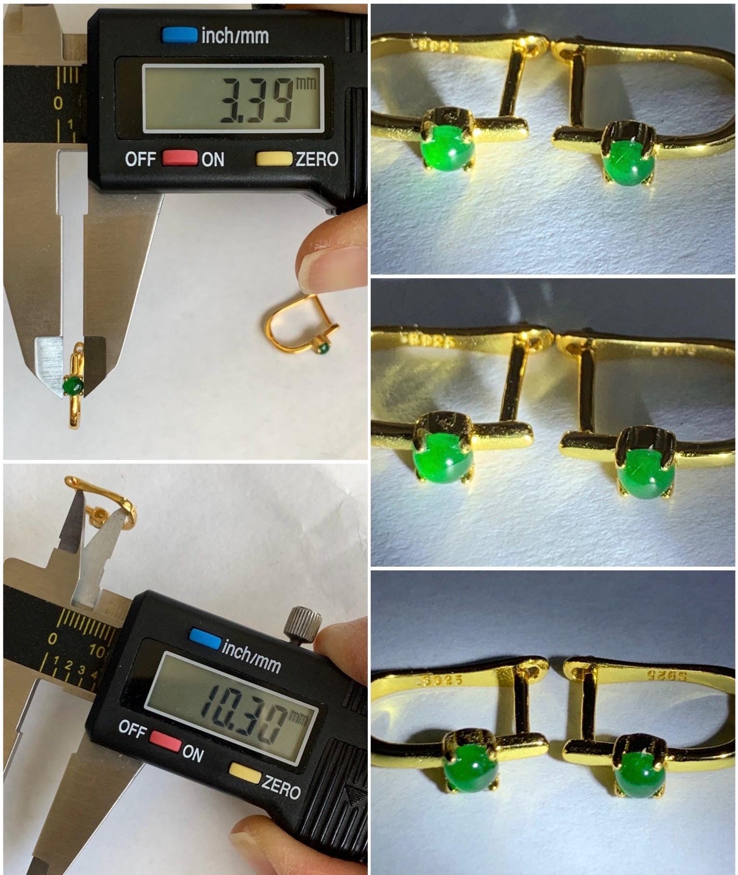 Natural Guatemalan Grade A Icy Translucent Vibrant Green Jadeite Hoop Huggie Earrings Sterling Silver Yellow Gold Overlay 天然冰危绿翡翠银镶耳包 JDEB50