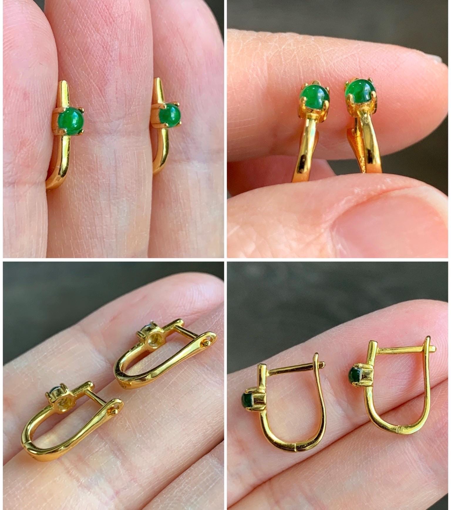 Natural Guatemalan Grade A Icy Translucent Vibrant Green Jadeite Hoop Huggie Earrings Sterling Silver Yellow Gold Overlay 天然冰危绿翡翠银镶耳包 JDEB50