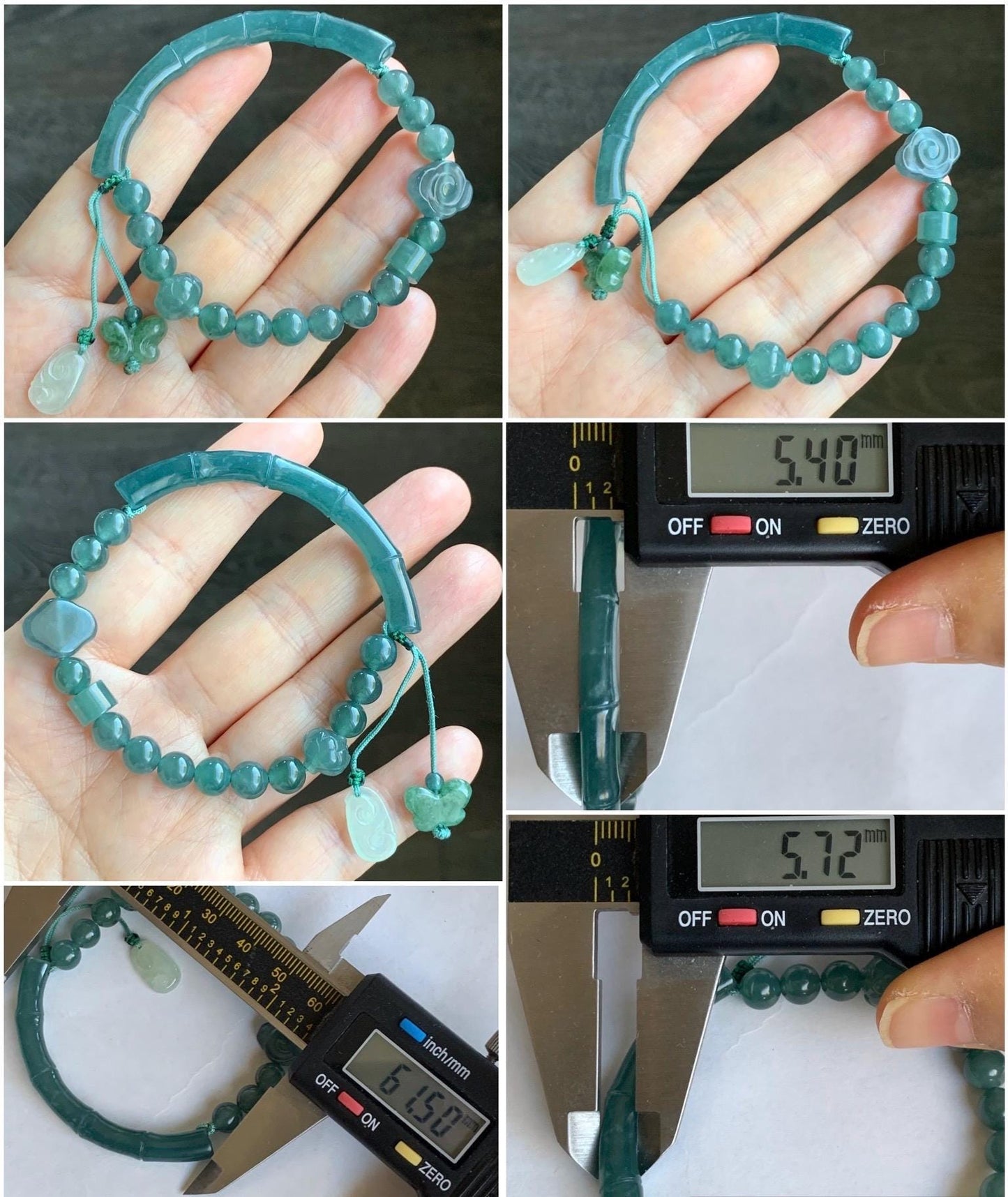 Natural Guatemalan Icy Highly Translucent Teal Blue Jadeite Bamboo Cuff Beaded Bracelet w/ Jadeite Charms 6.75” 17g 天然冰胶危蓝翡翠竹节手牌手串 ZJL150
