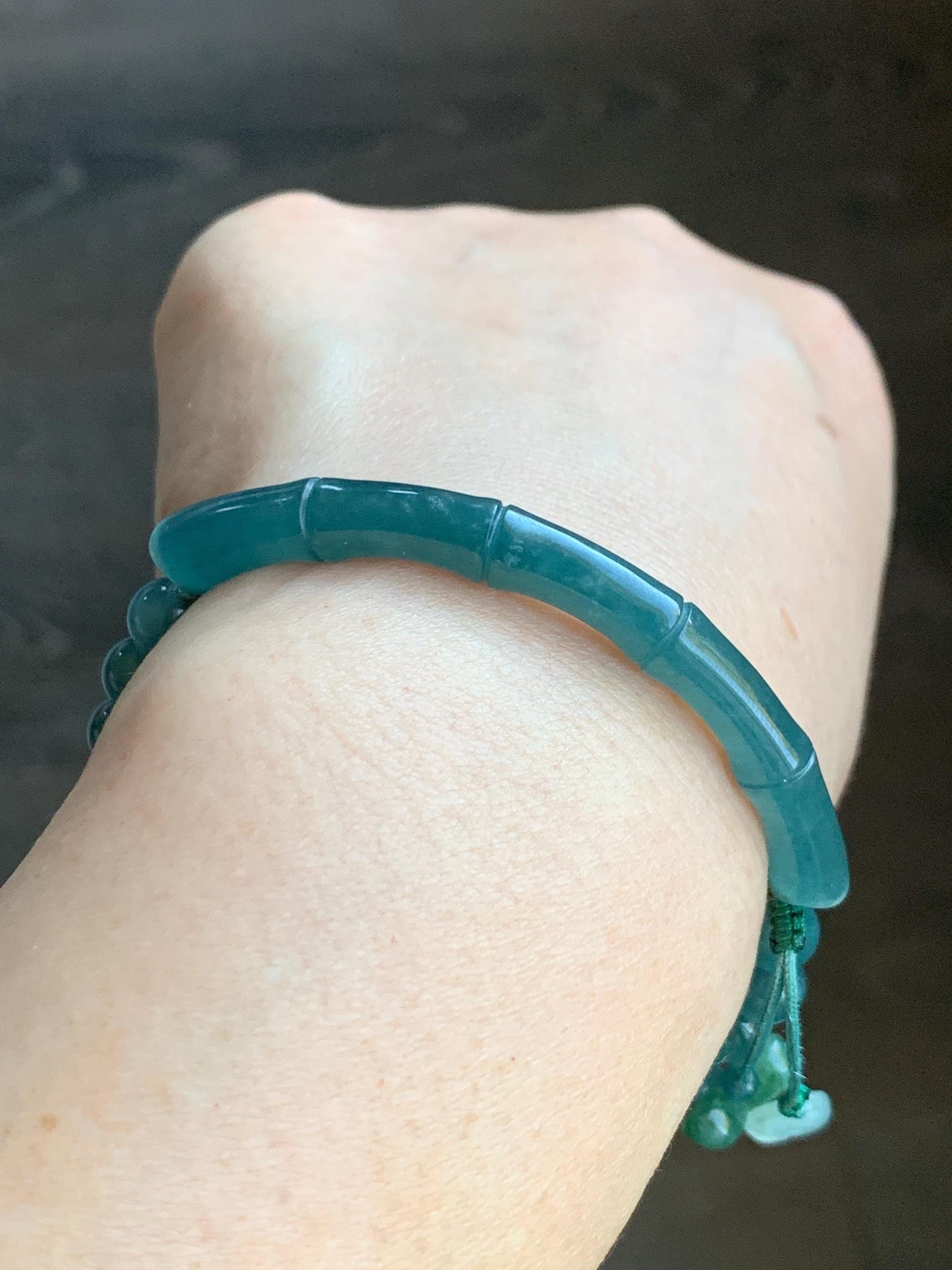 Natural Guatemalan Icy Highly Translucent Teal Blue Jadeite Bamboo Cuff Beaded Bracelet w/ Jadeite Charms 6.75” 17g 天然冰胶危蓝翡翠竹节手牌手串 ZJL150