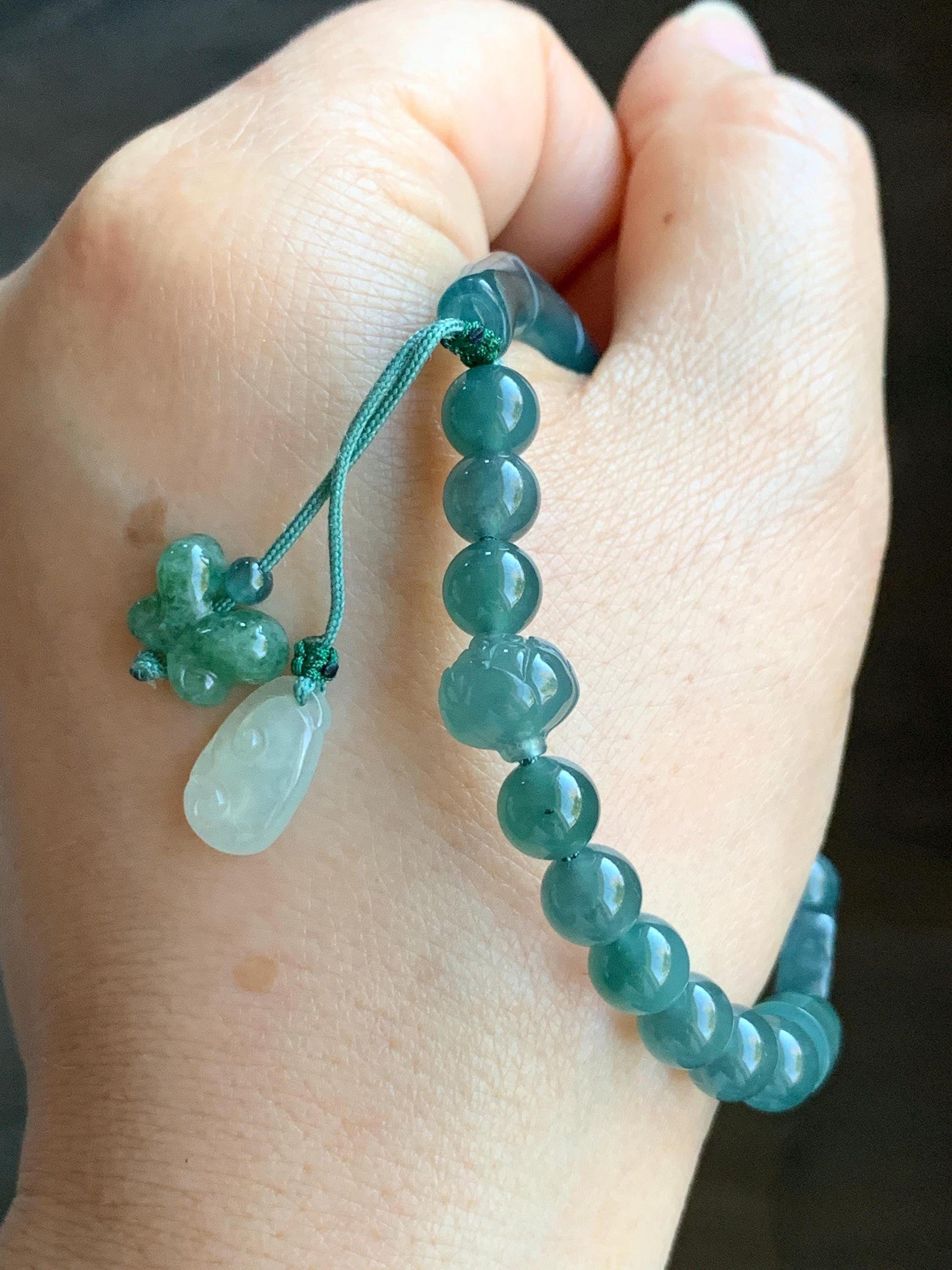 Natural Guatemalan Icy Highly Translucent Teal Blue Jadeite Bamboo Cuff Beaded Bracelet w/ Jadeite Charms 6.75” 17g 天然冰胶危蓝翡翠竹节手牌手串 ZJL150