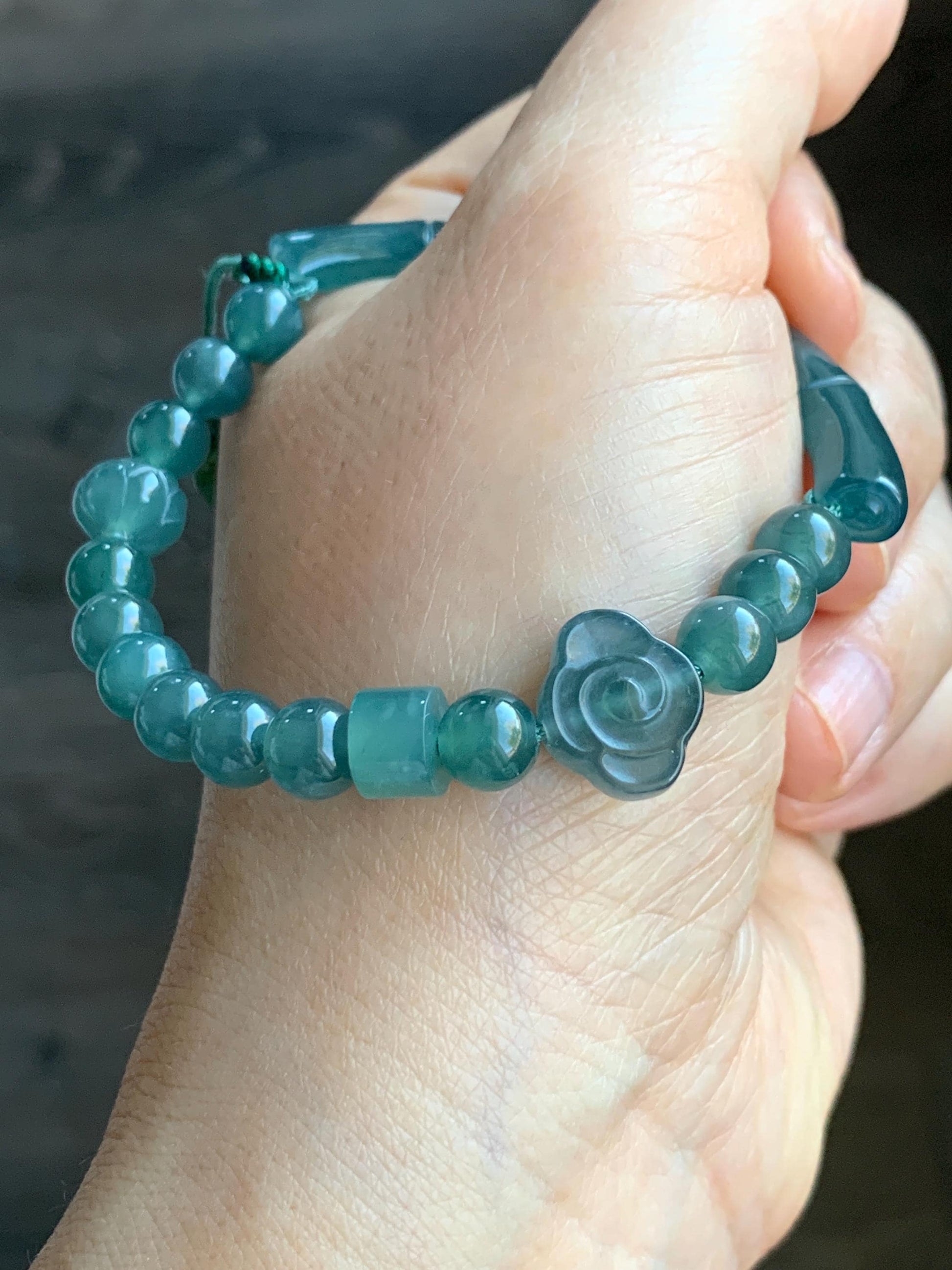 Natural Guatemalan Icy Highly Translucent Teal Blue Jadeite Bamboo Cuff Beaded Bracelet w/ Jadeite Charms 6.75” 17g 天然冰胶危蓝翡翠竹节手牌手串 ZJL150