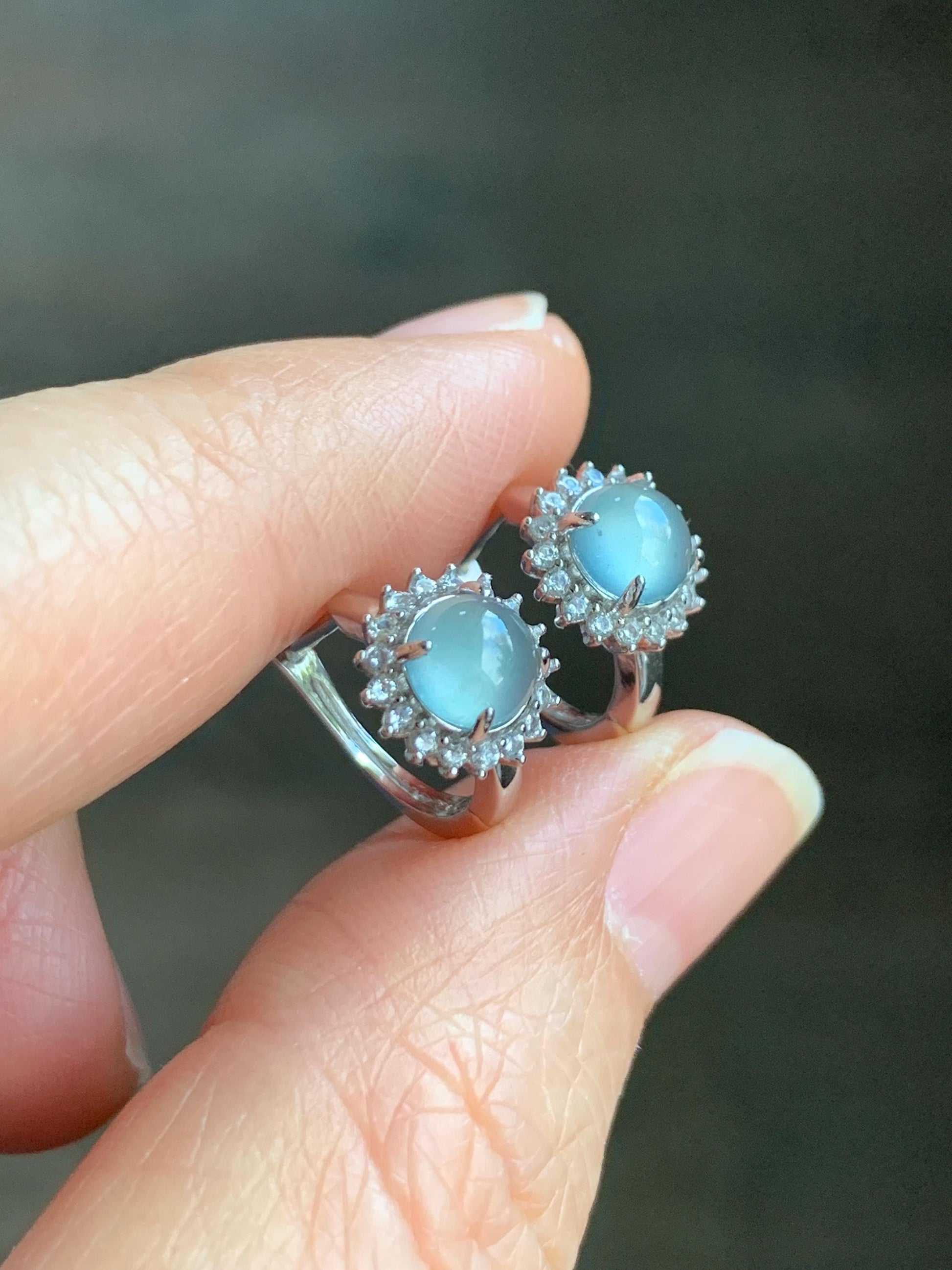 Natural Grade A Guatemalan Icy Highly Translucent Pastel Blue Jadeite Halo Style Huggie Hoop Earrings 天然冰危淡蓝翡翠银镶耳包 WBHD70