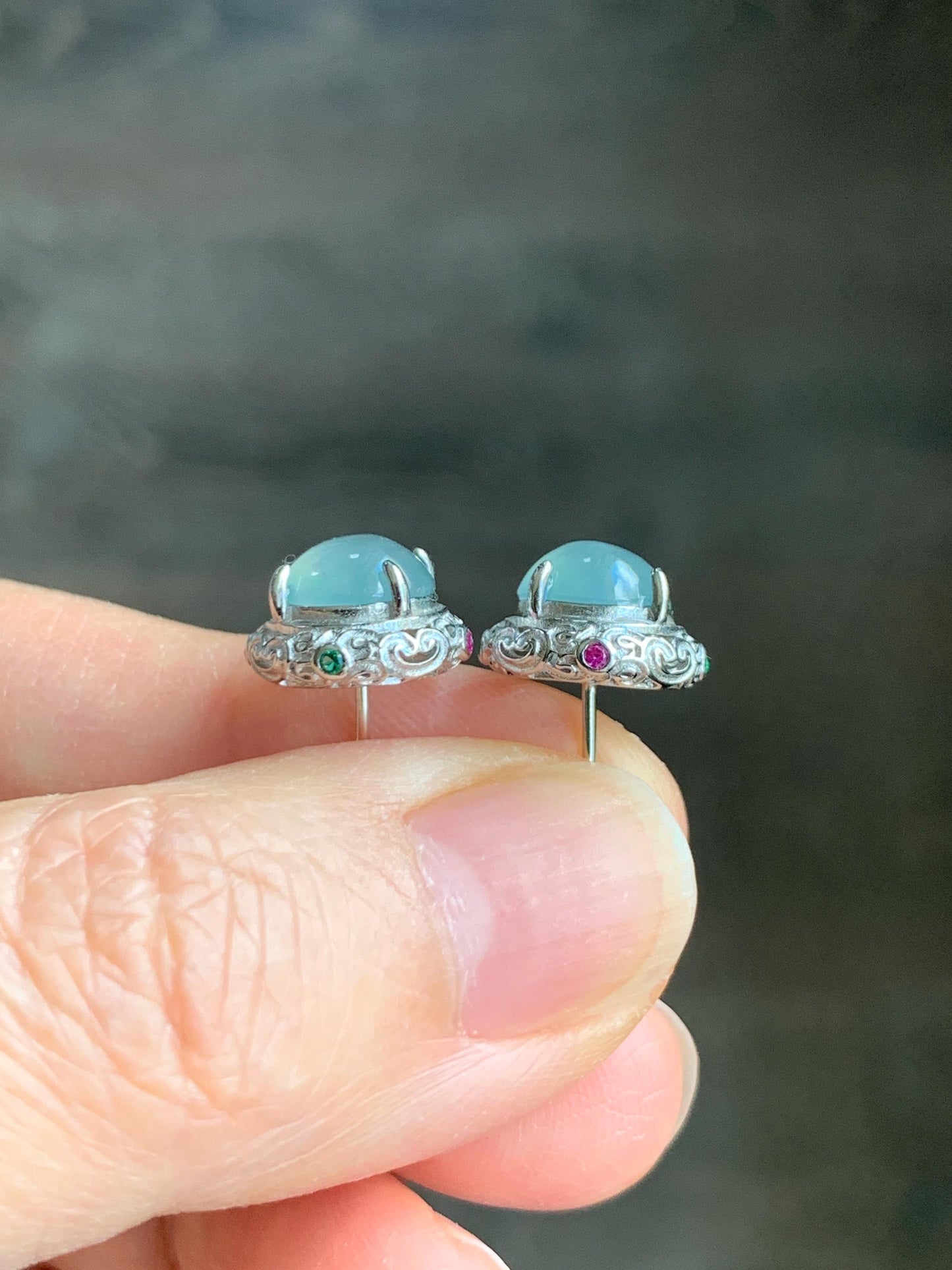 Natural Guatemalan Grade A Icy Highly Translucent Pastel Light Blue Jadeite Round Stud Earrings Sterling Silver 天然冰危淡蓝翡翠蛋面银镶耳钉 DLWD90