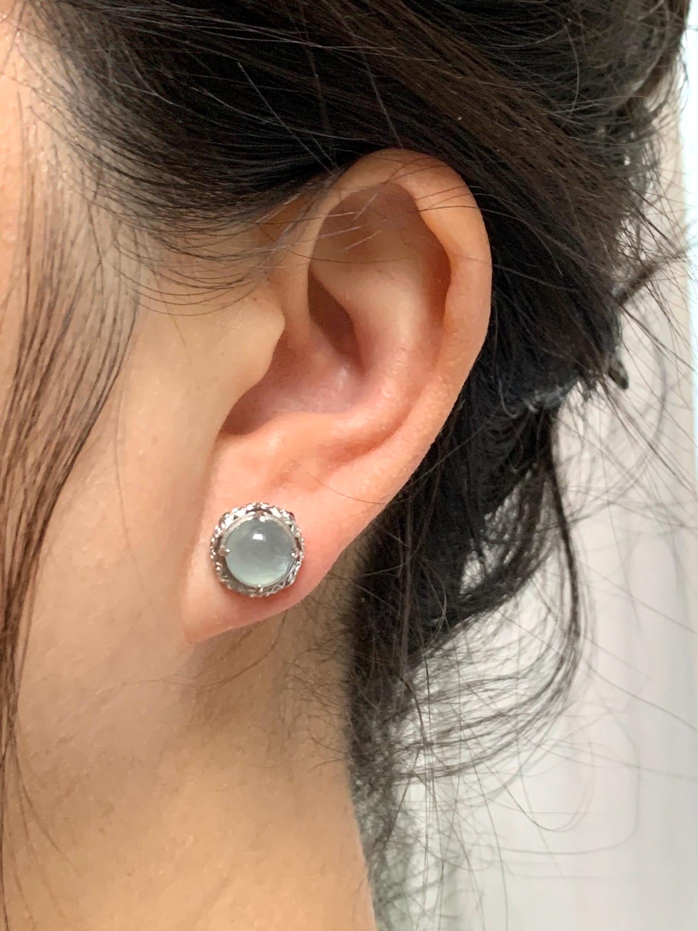 Natural Guatemalan Grade A Icy Highly Translucent Pastel Light Blue Jadeite Round Stud Earrings Sterling Silver 天然冰危淡蓝翡翠蛋面银镶耳钉 DLWD90