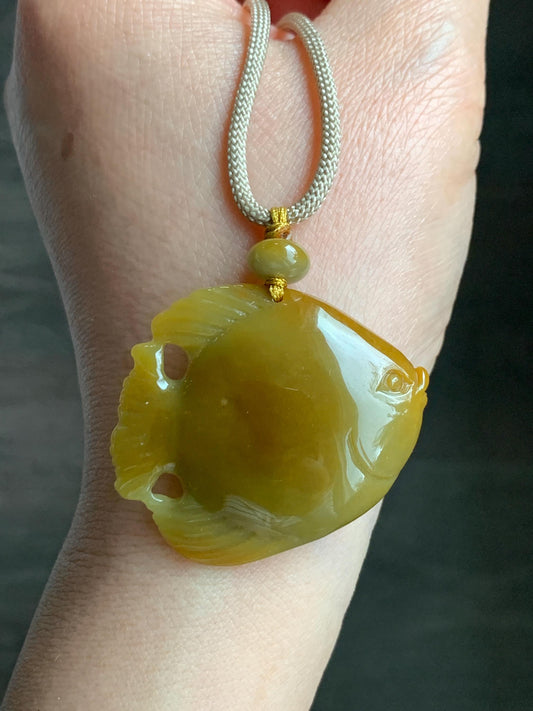 Natural Grade A Guatemalan Icy Translucent Intense Yellow Jadeite Carved Angel Fish Pendant Rope Necklace 26” 22g 天然危黄翡天使鱼吊坠挂件