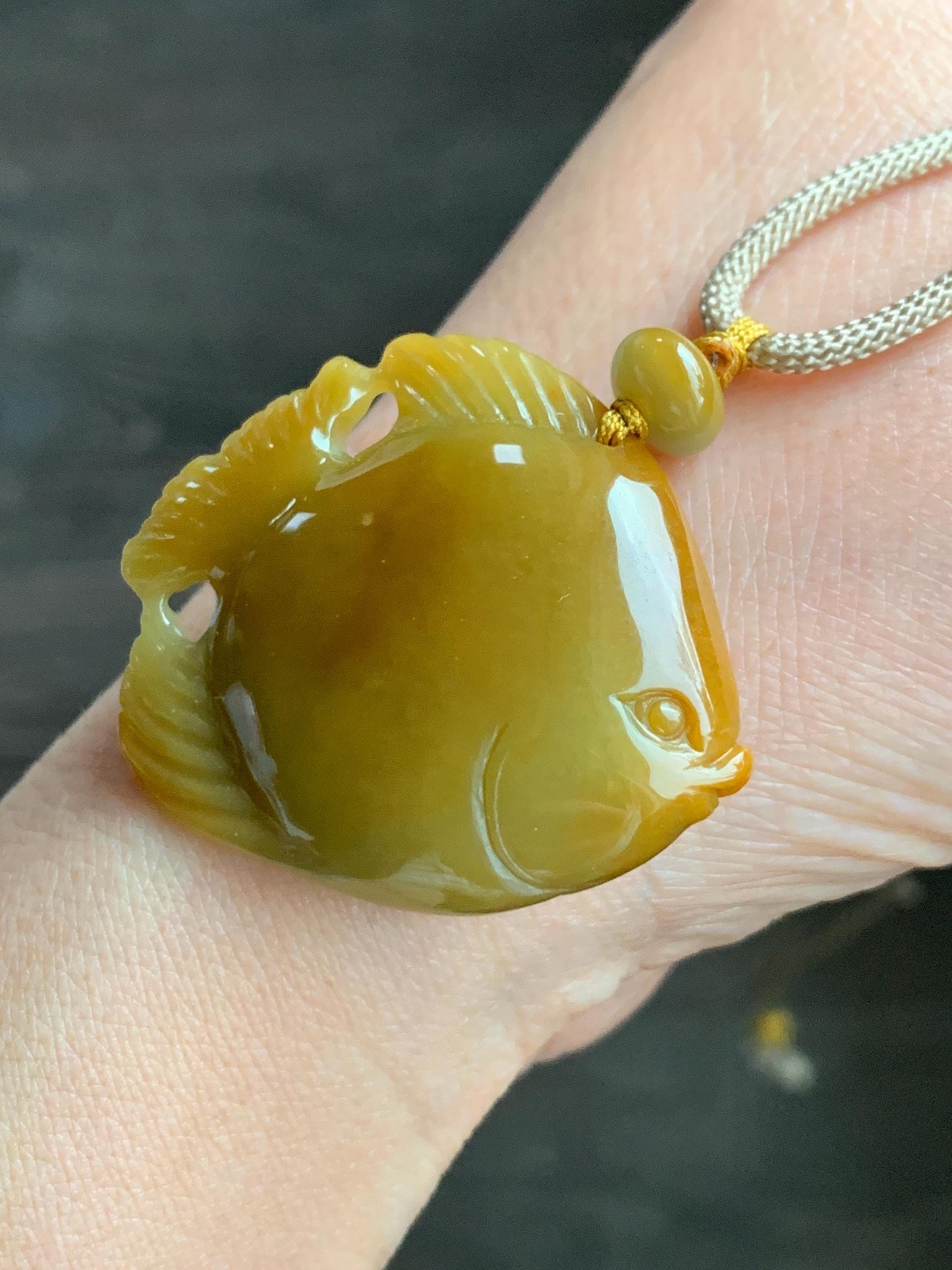 Natural Grade A Guatemalan Icy Translucent Intense Yellow Jadeite Carved Angel Fish Pendant Rope Necklace 26” 22g 天然危黄翡天使鱼吊坠挂件