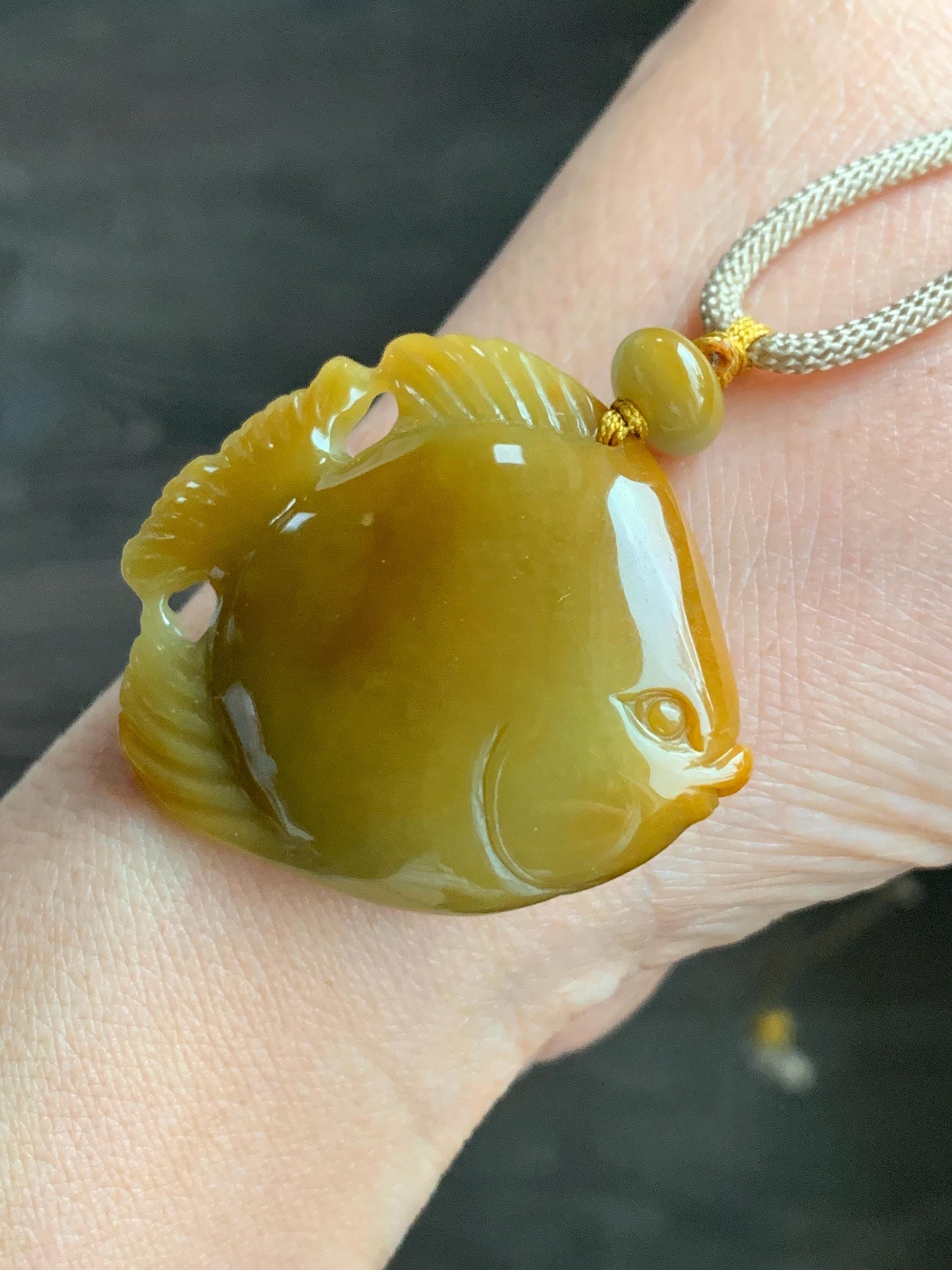 Natural Grade A Guatemalan Icy Translucent Intense Yellow Jadeite Carved Angel Fish Pendant Rope Necklace 26” 22g 天然危黄翡天使鱼吊坠挂件