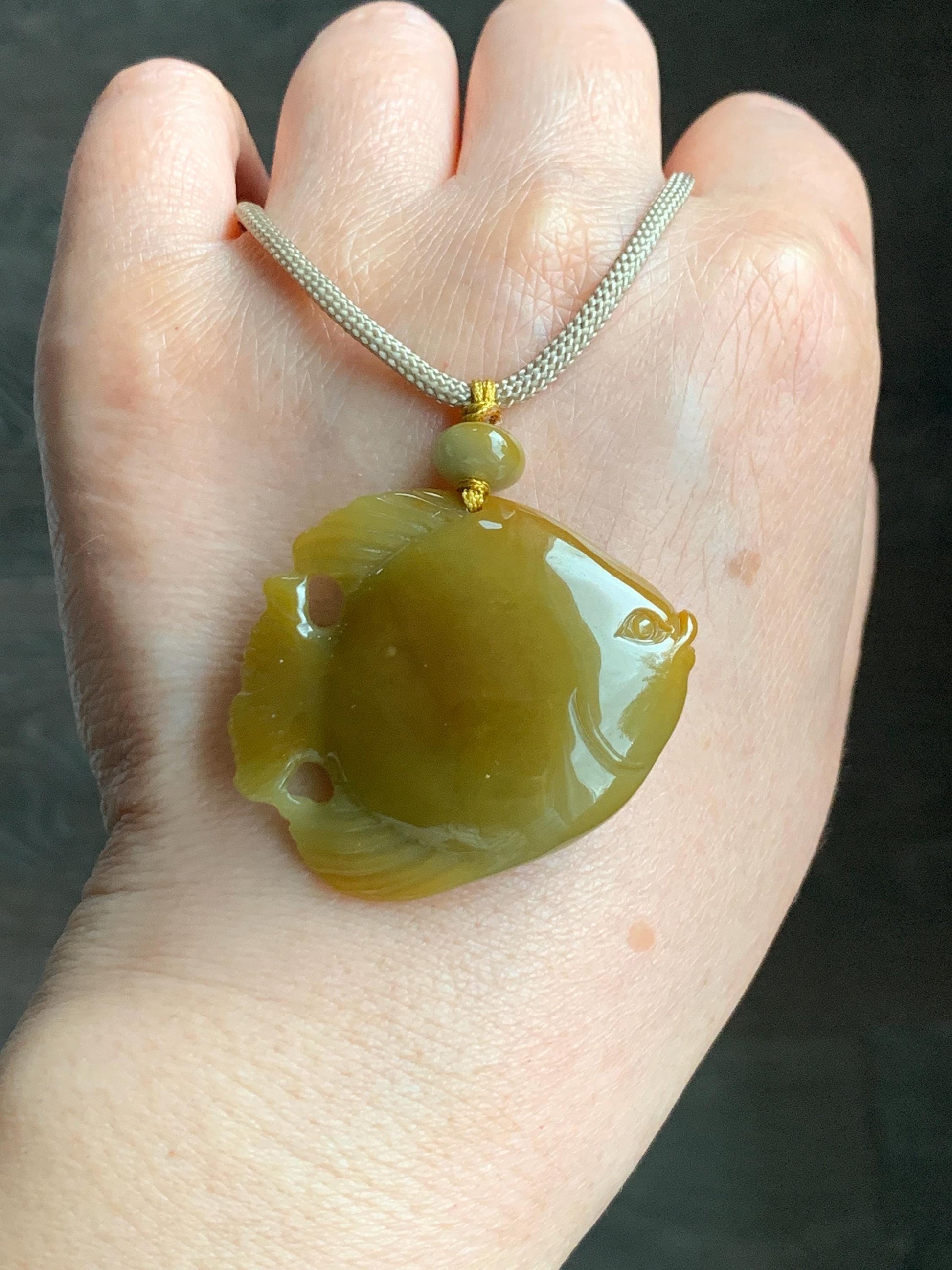Natural Grade A Guatemalan Icy Translucent Intense Yellow Jadeite Carved Angel Fish Pendant Rope Necklace 26” 22g 天然危黄翡天使鱼吊坠挂件