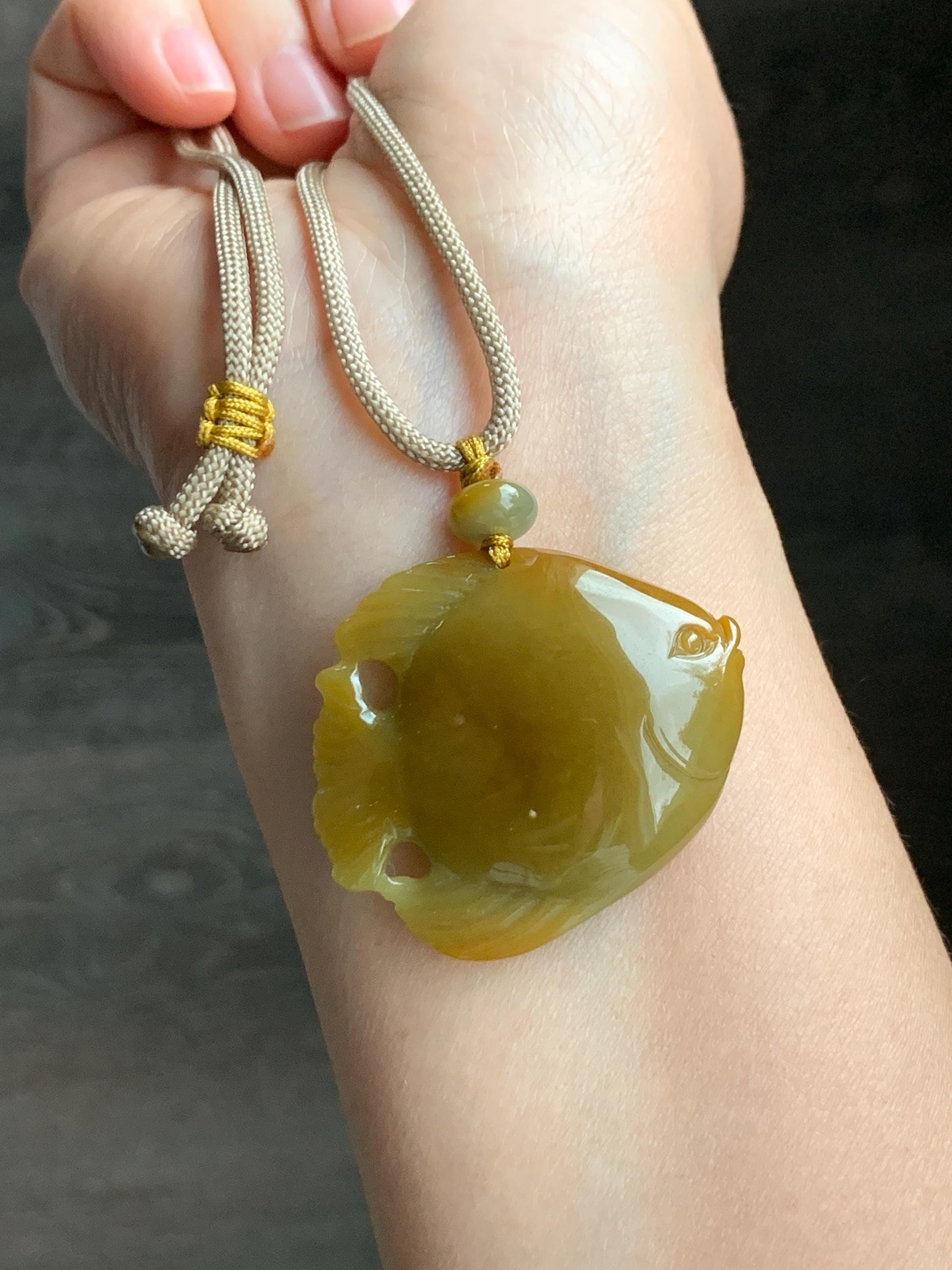 Natural Grade A Guatemalan Icy Translucent Intense Yellow Jadeite Carved Angel Fish Pendant Rope Necklace 26” 22g 天然危黄翡天使鱼吊坠挂件