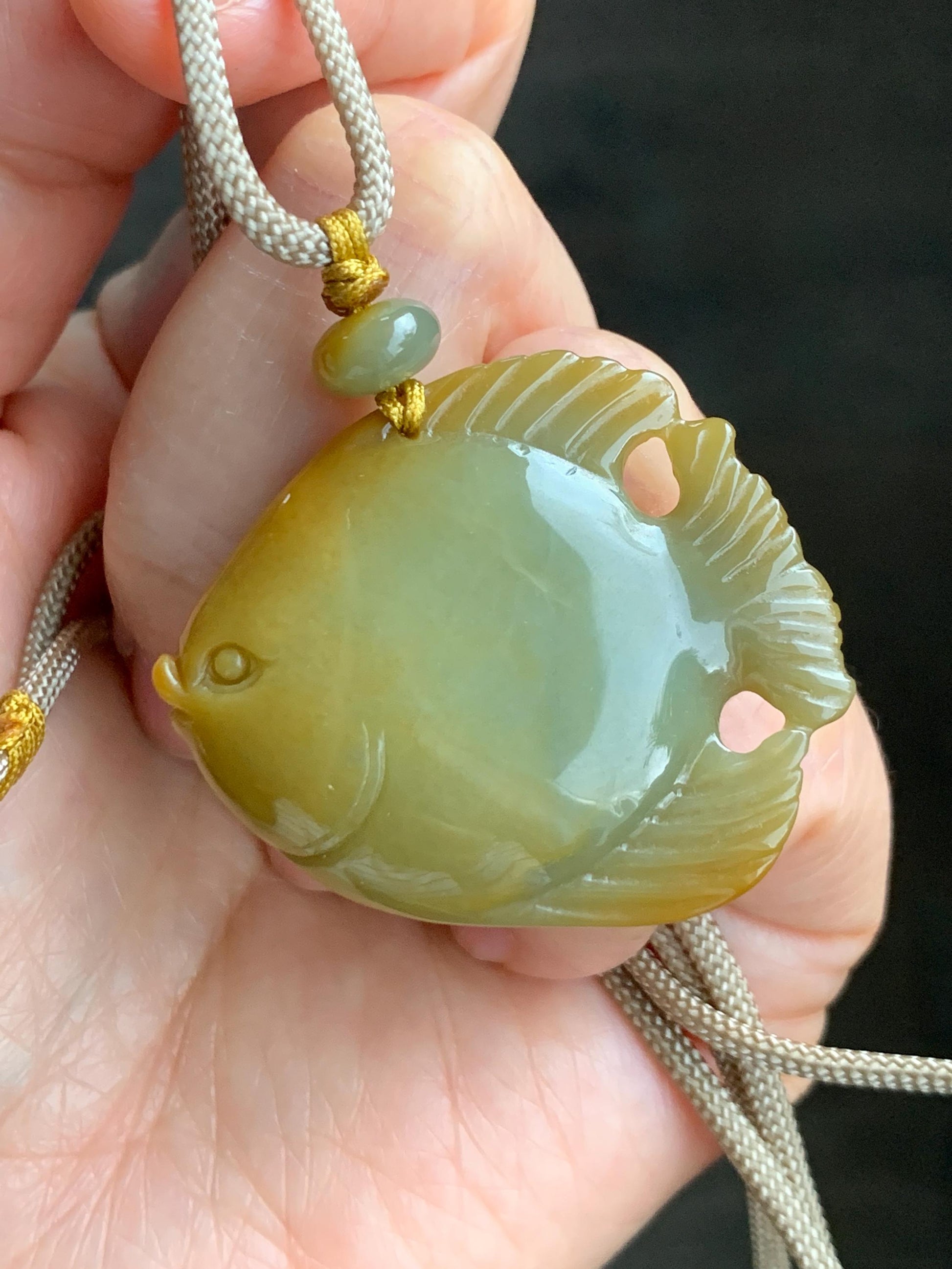 Natural Grade A Guatemalan Icy Translucent Intense Yellow Jadeite Carved Angel Fish Pendant Rope Necklace 26” 22g 天然危黄翡天使鱼吊坠挂件