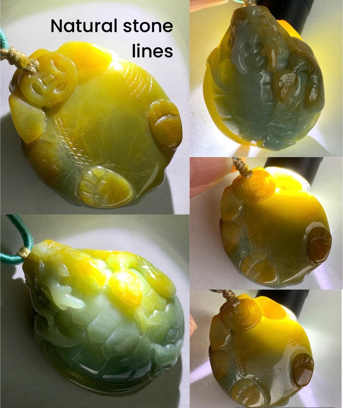 Natural Grade A Guatemalan Light Blue & Yellow Marbled Jadeite Black Tortoise Xuanwu Pendant Rope Necklace 24” 26g 天然危蓝加黄翡翠玄武吊坠挂件 A