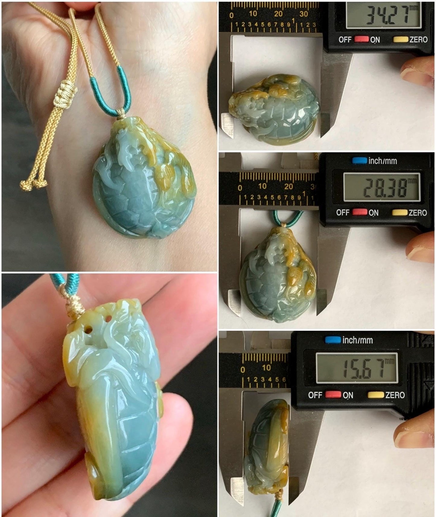 Natural Grade A Guatemalan Light Blue & Yellow Marbled Jadeite Black Tortoise Xuanwu Pendant Rope Necklace 24” 26g 天然危蓝加黄翡翠玄武吊坠挂件 A