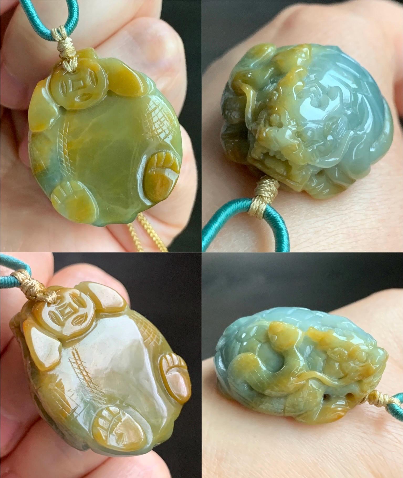 Natural Grade A Guatemalan Light Blue & Yellow Marbled Jadeite Black Tortoise Xuanwu Pendant Rope Necklace 24” 26g 天然危蓝加黄翡翠玄武吊坠挂件 A