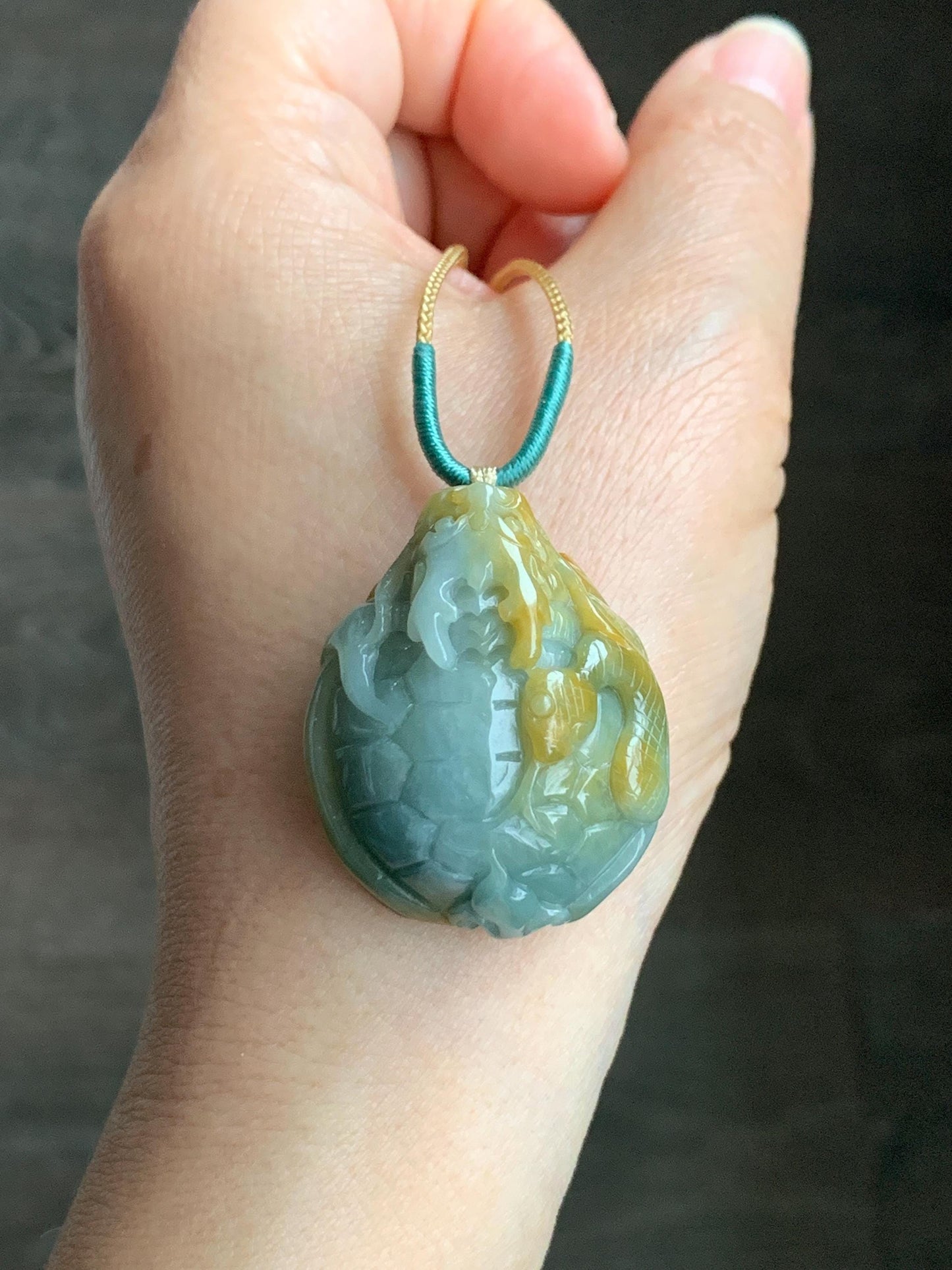 Natural Grade A Guatemalan Light Blue & Yellow Marbled Jadeite Black Tortoise Xuanwu Pendant Rope Necklace 24” 26g 天然危蓝加黄翡翠玄武吊坠挂件 A
