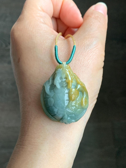 Natural Grade A Guatemalan Light Blue & Yellow Marbled Jadeite Black Tortoise Xuanwu Pendant Rope Necklace 24” 26g 天然危蓝加黄翡翠玄武吊坠挂件 A