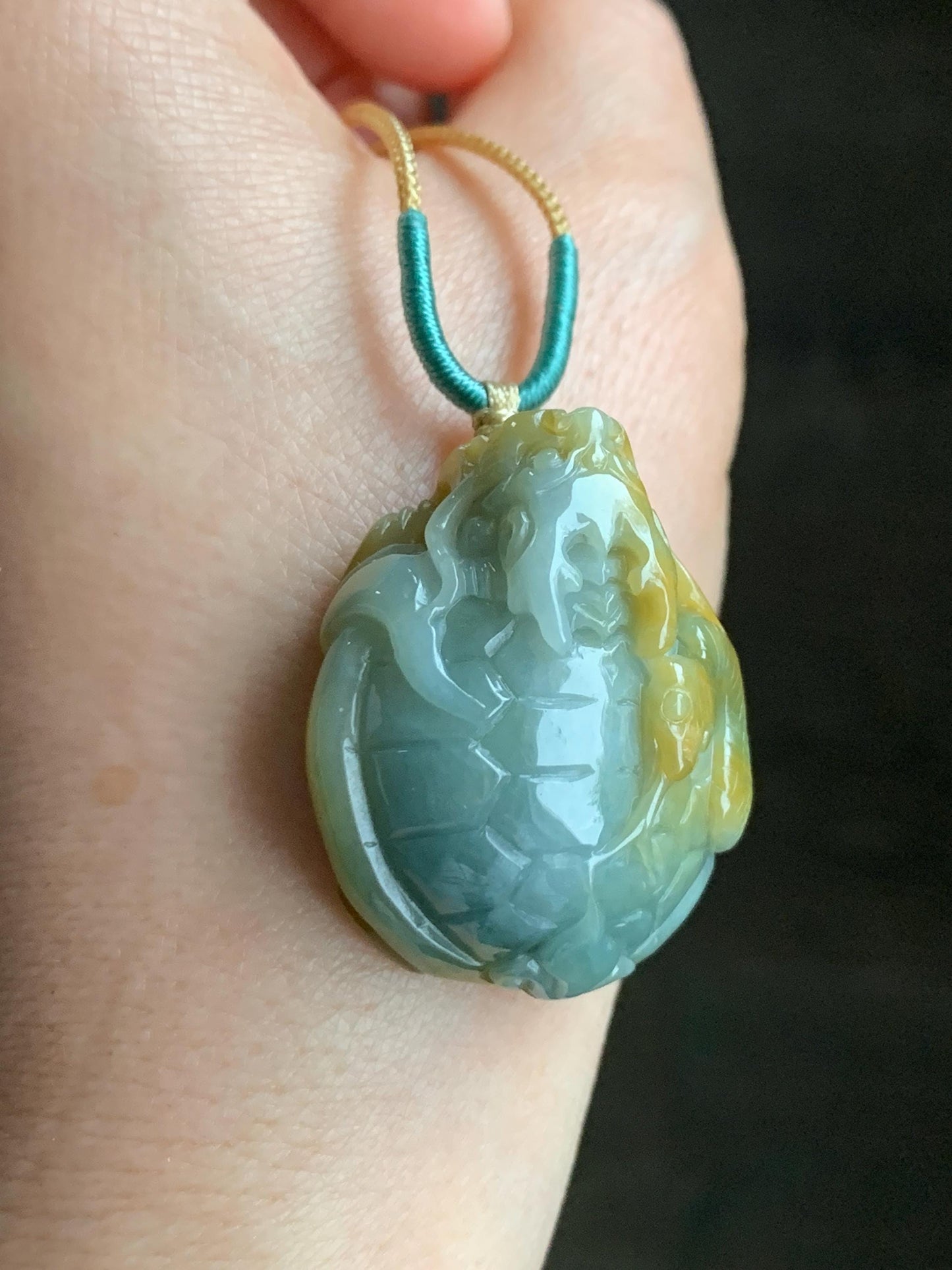 Natural Grade A Guatemalan Light Blue & Yellow Marbled Jadeite Black Tortoise Xuanwu Pendant Rope Necklace 24” 26g 天然危蓝加黄翡翠玄武吊坠挂件 A