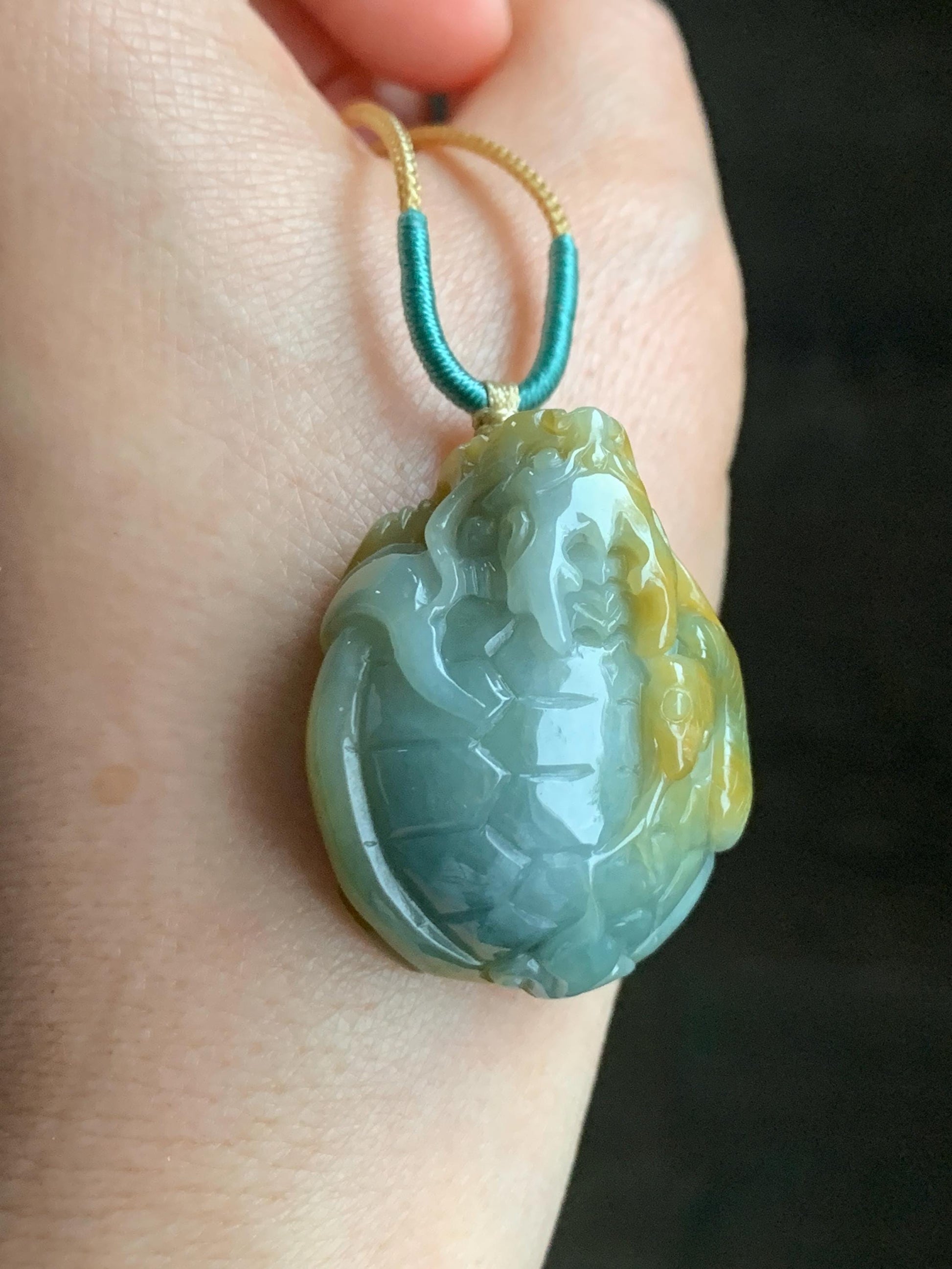 Natural Grade A Guatemalan Light Blue & Yellow Marbled Jadeite Black Tortoise Xuanwu Pendant Rope Necklace 24” 26g 天然危蓝加黄翡翠玄武吊坠挂件 A
