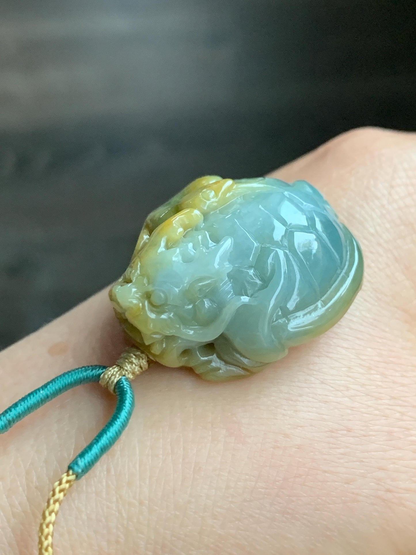 Natural Grade A Guatemalan Light Blue & Yellow Marbled Jadeite Black Tortoise Xuanwu Pendant Rope Necklace 24” 26g 天然危蓝加黄翡翠玄武吊坠挂件 A