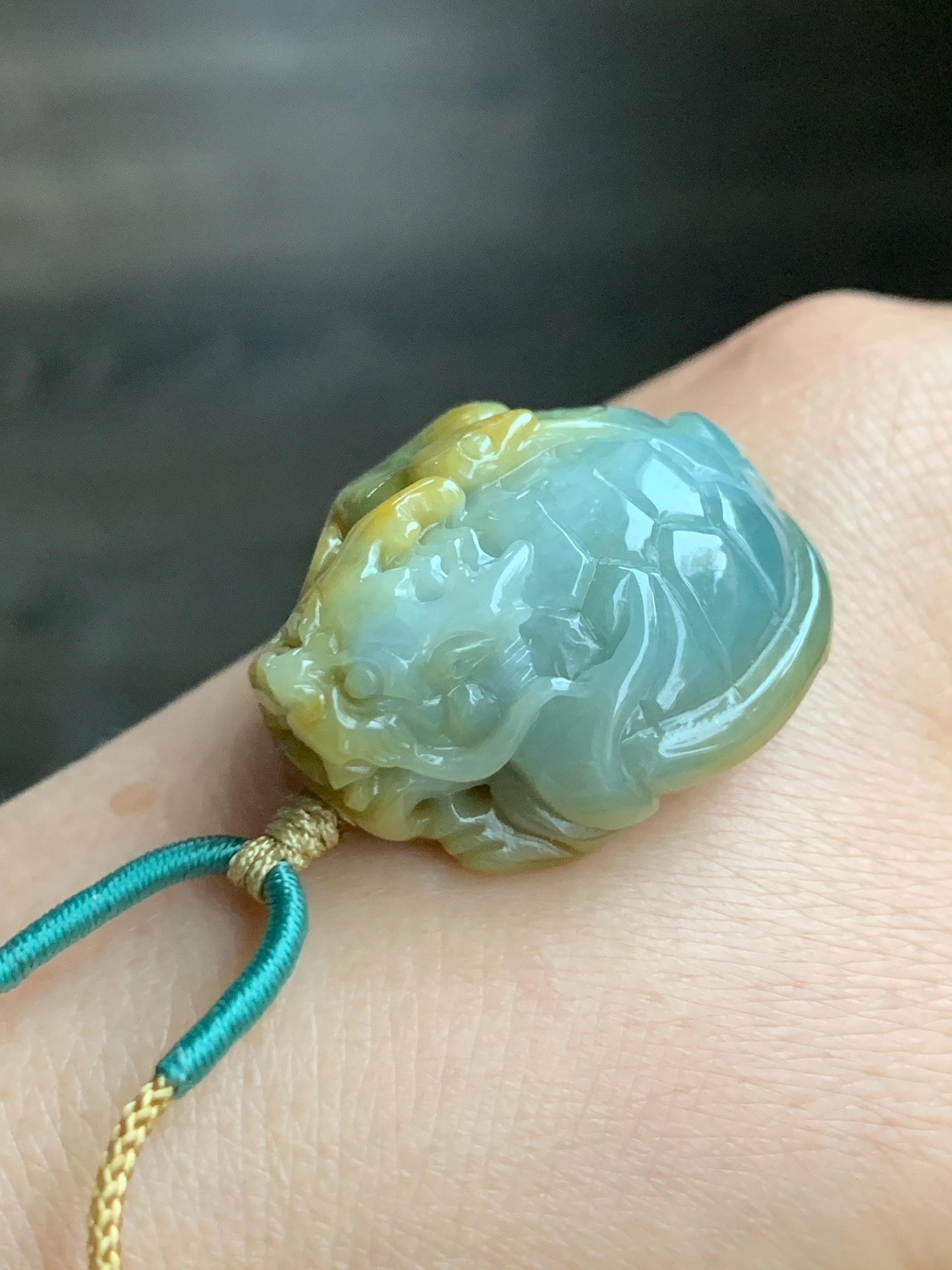Natural Grade A Guatemalan Light Blue & Yellow Marbled Jadeite Black Tortoise Xuanwu Pendant Rope Necklace 24” 26g 天然危蓝加黄翡翠玄武吊坠挂件 A