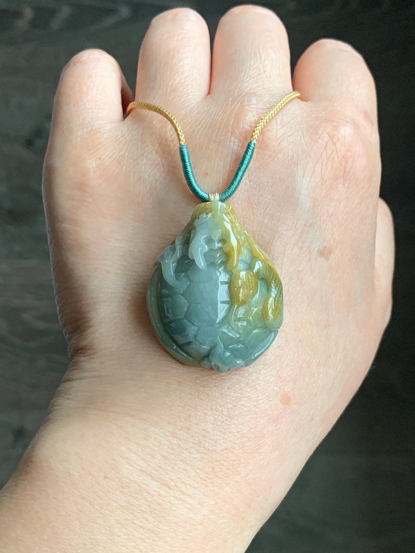 Natural Grade A Guatemalan Light Blue & Yellow Marbled Jadeite Black Tortoise Xuanwu Pendant Rope Necklace 24” 26g 天然危蓝加黄翡翠玄武吊坠挂件 A