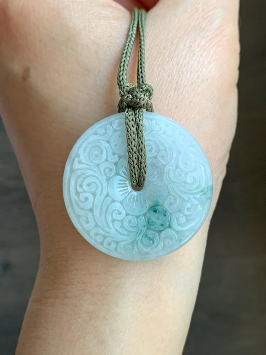 Natural Grade A Icy Translucent Jadeite w/ Green Marbling Engraved Ping An Kou Donut Pendant Rope Necklace 23.5” 17g 天然冰飘花翡翠仿古雕平安扣吊坠挂件 PHM66