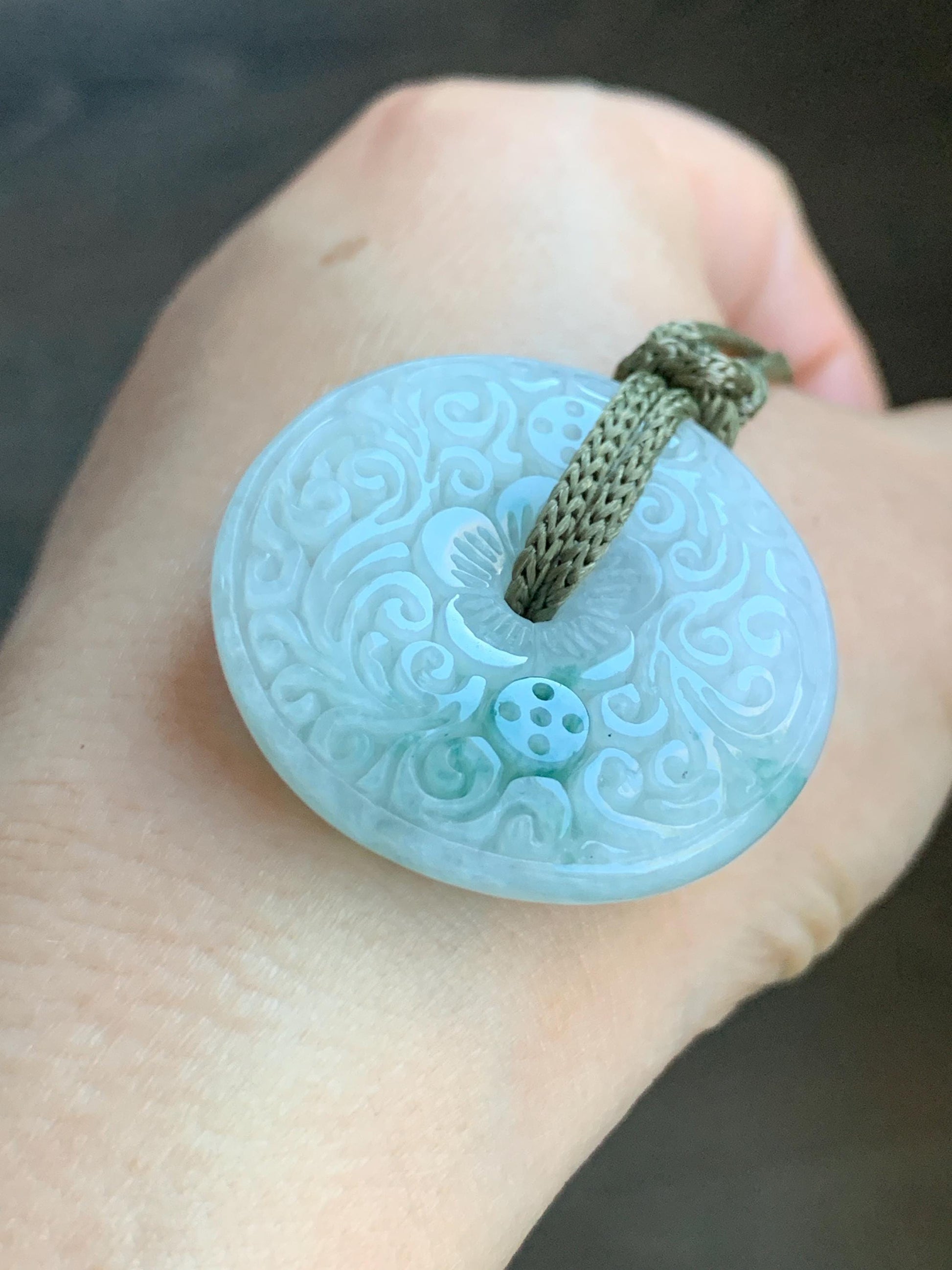 Natural Grade A Icy Translucent Jadeite w/ Green Marbling Engraved Ping An Kou Donut Pendant Rope Necklace 23.5” 17g 天然冰飘花翡翠仿古雕平安扣吊坠挂件 PHM66
