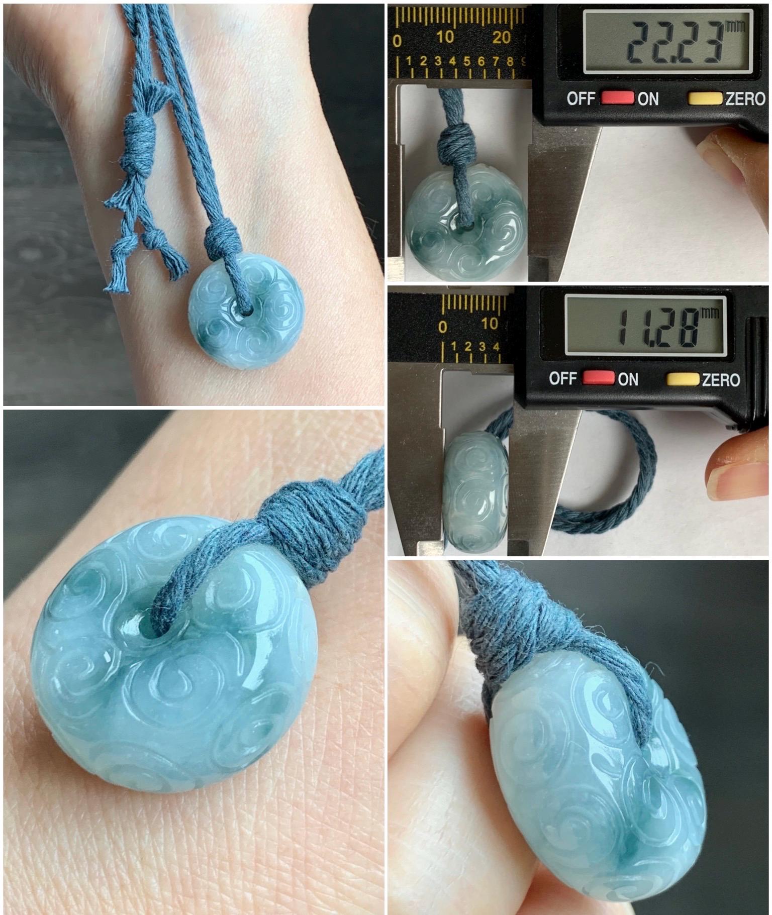 Natural Icy Translucent Pastel Blue Dark Blue Marbled Jadeite Engraved Ping An Kou Donut Pendant Rope Necklace 26” 14g 天然淡蓝飘花翡翠仿古雕平安扣吊坠 B