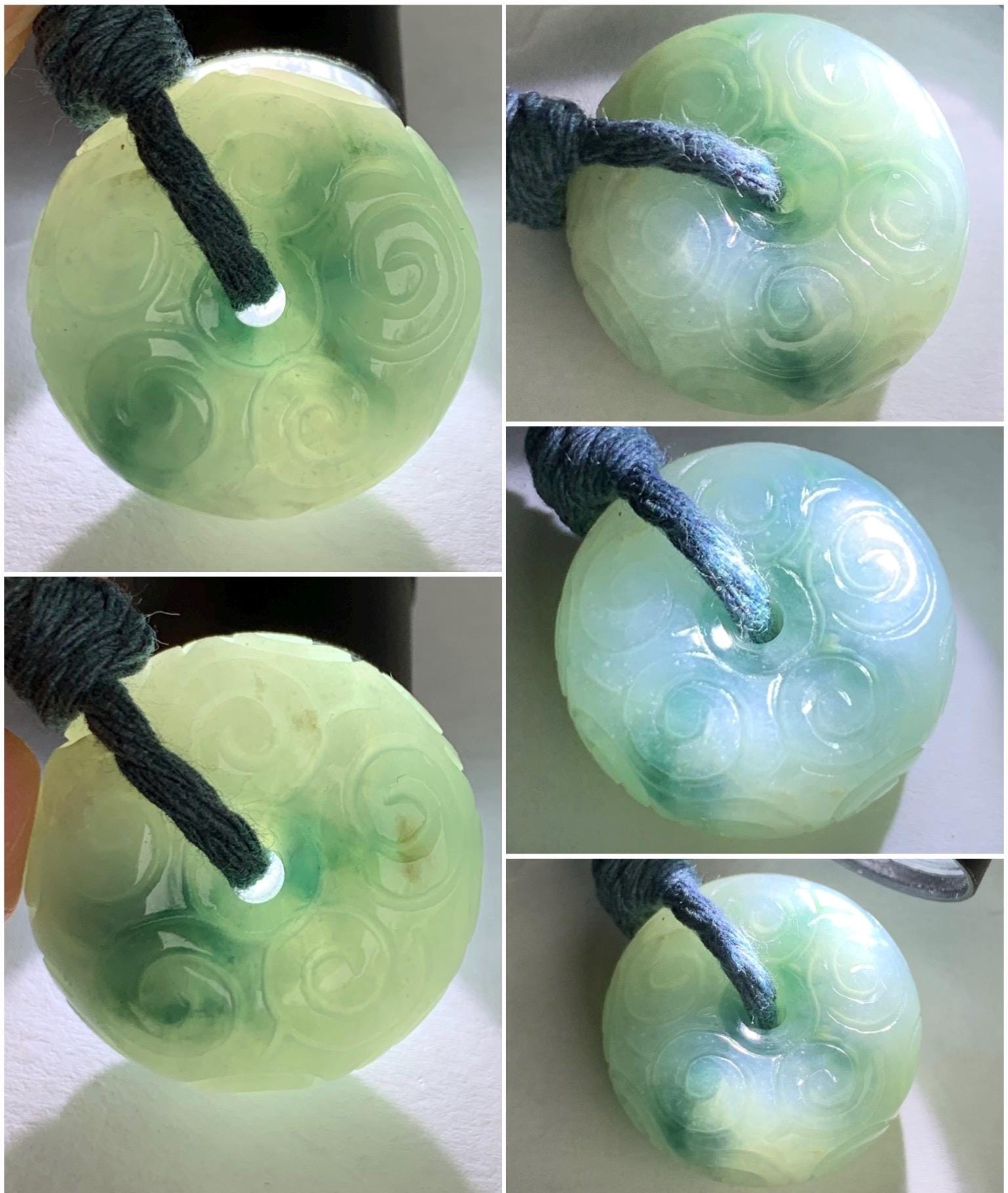 Natural Icy Translucent Pastel Blue Dark Blue Marbled Jadeite Engraved Ping An Kou Donut Pendant Rope Necklace 26” 14g 天然淡蓝飘花翡翠仿古雕平安扣吊坠 B