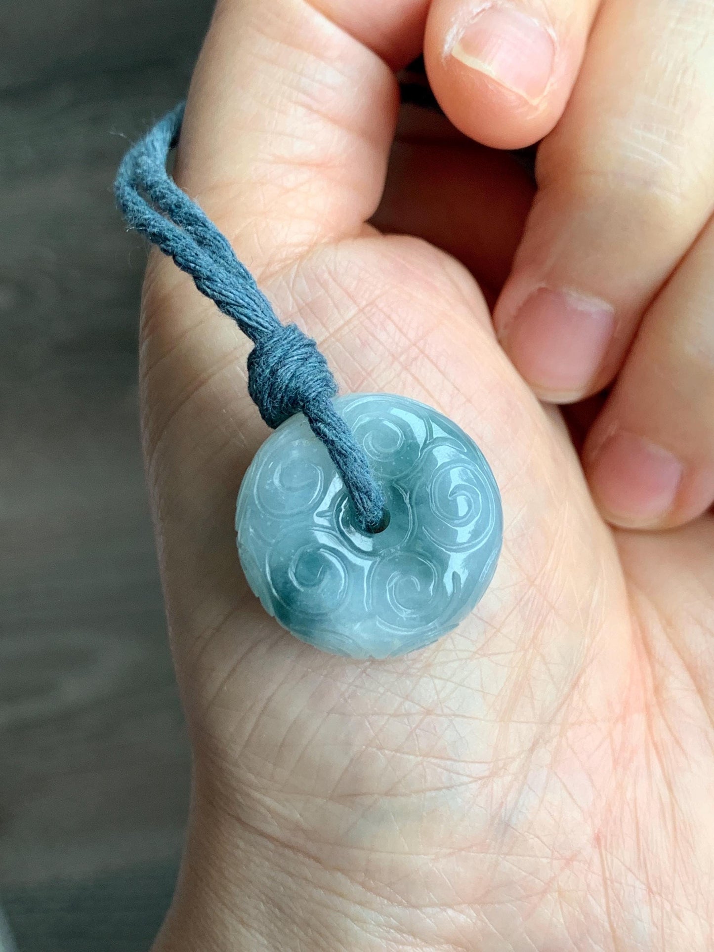 Natural Icy Translucent Pastel Blue Dark Blue Marbled Jadeite Engraved Ping An Kou Donut Pendant Rope Necklace 26” 14g 天然淡蓝飘花翡翠仿古雕平安扣吊坠 B