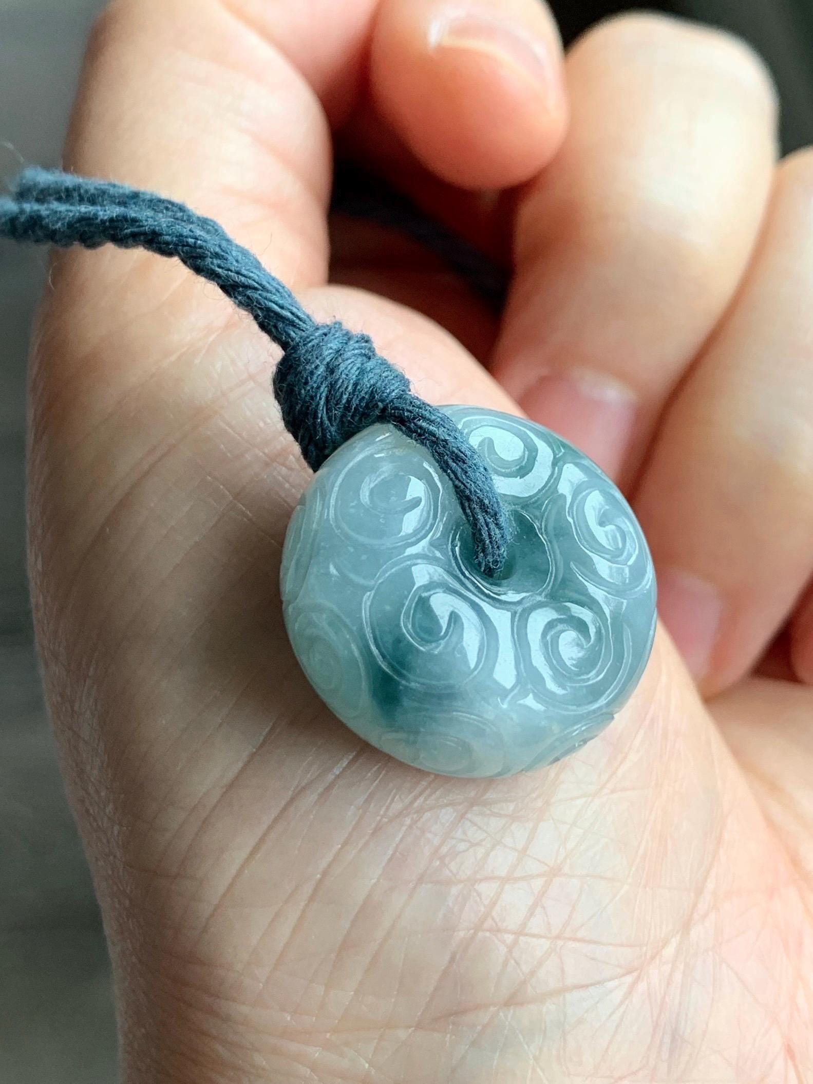 Natural Icy Translucent Pastel Blue Dark Blue Marbled Jadeite Engraved Ping An Kou Donut Pendant Rope Necklace 26” 14g 天然淡蓝飘花翡翠仿古雕平安扣吊坠 B