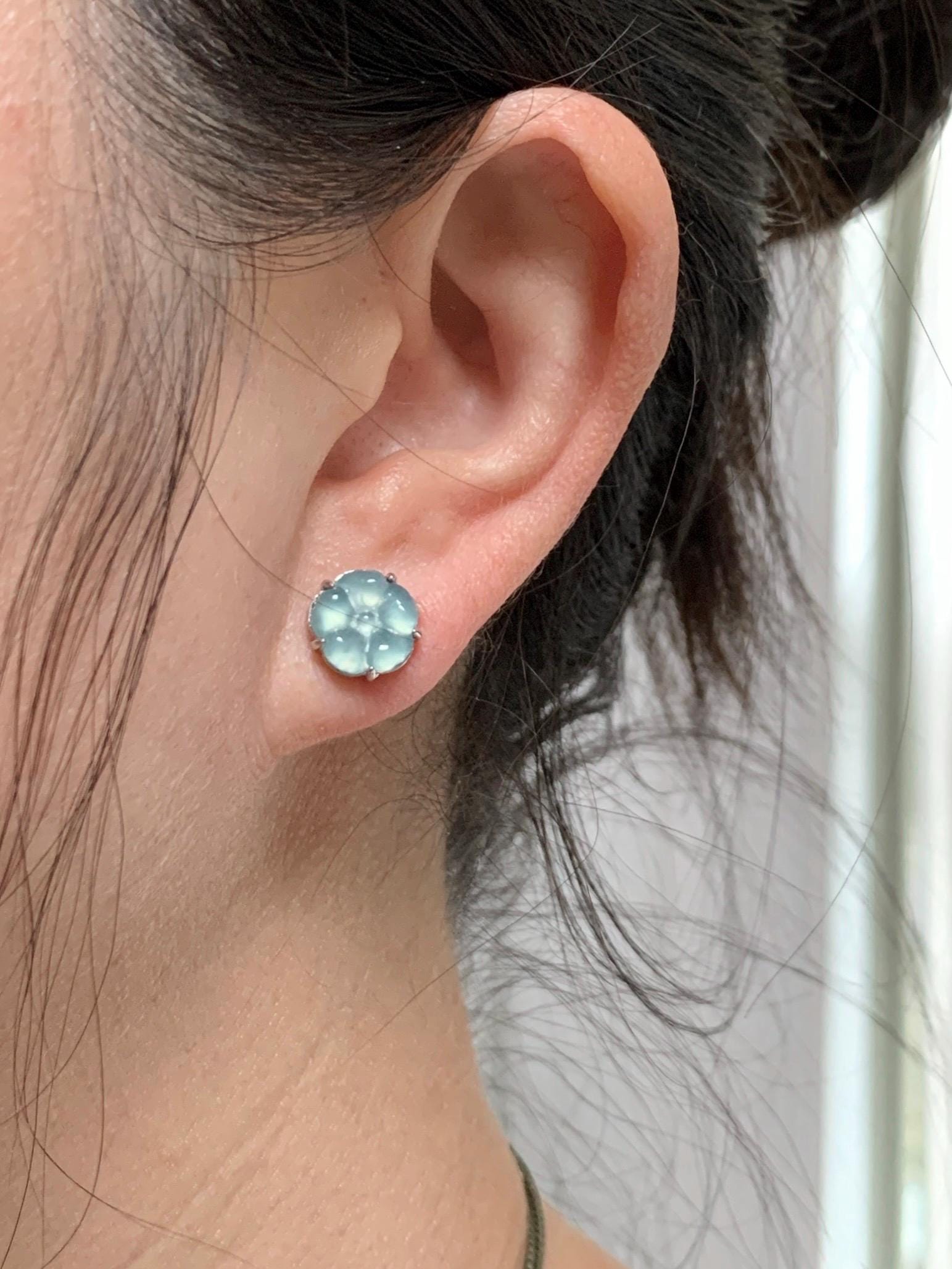 Natural Grade A Guatemalan Icy Highly Translucent Pastel Teal Blue Jadeite Carved Flower Stud Earrings 925 Sterling Silver 天然冰危蓝水翡翠银耳钉 ZWH77