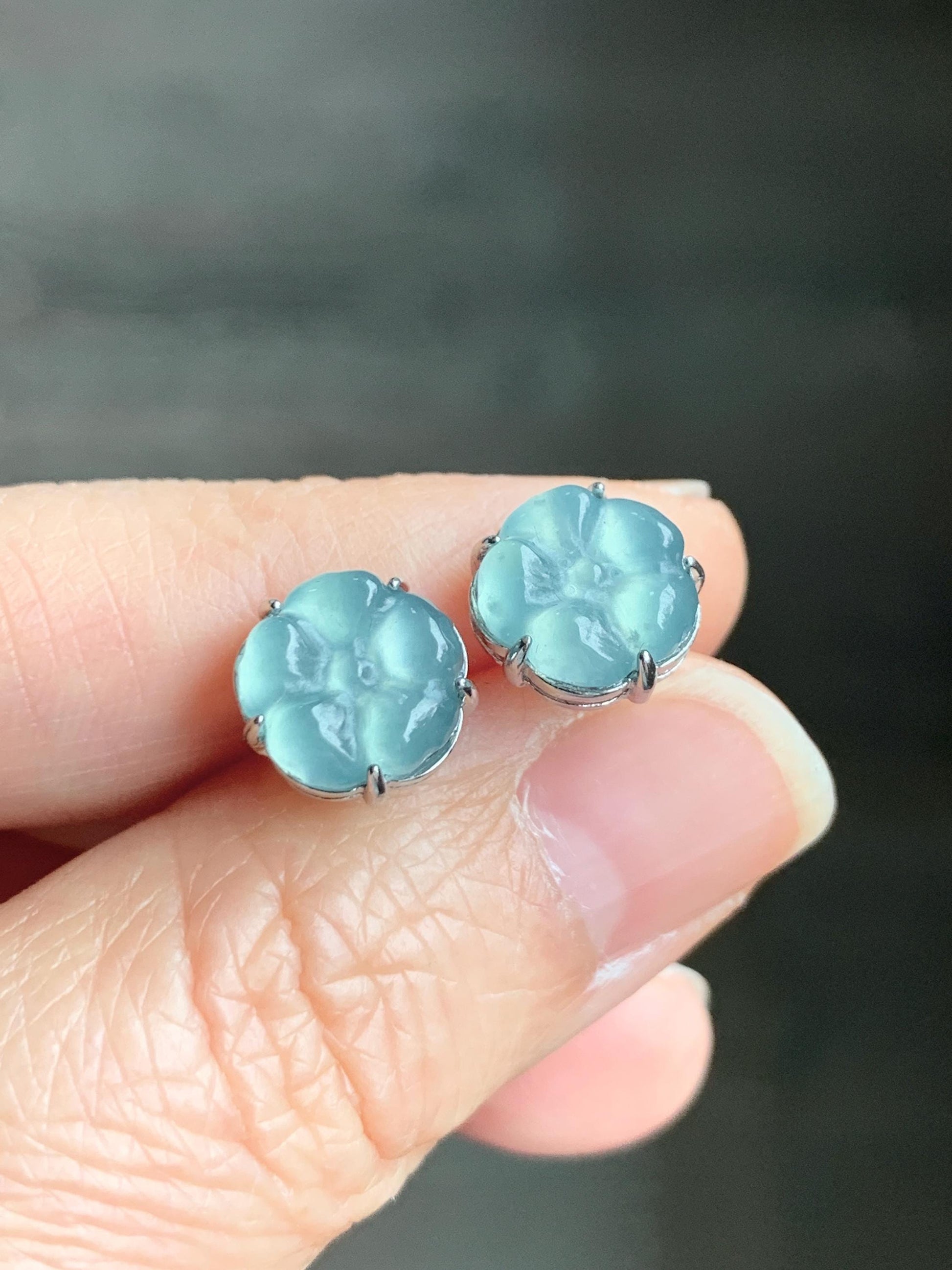Natural Grade A Guatemalan Icy Highly Translucent Pastel Teal Blue Jadeite Carved Flower Stud Earrings 925 Sterling Silver 天然冰危蓝水翡翠银耳钉 ZWH77