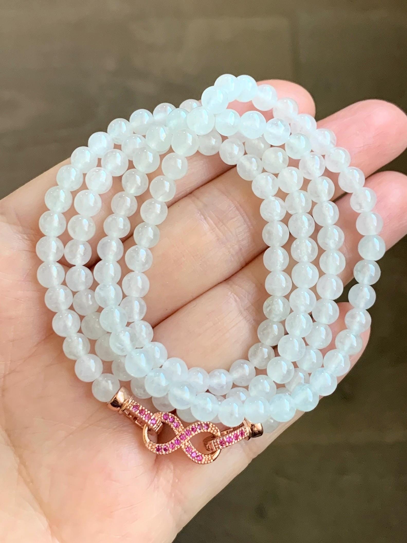 Certified Grade A Natural Icy Highly Translucent White Jadeite Round Beads Beaded Necklace 5mm 24” 27.88g 天然高冰起光翡翠圆珠长串项链 1697