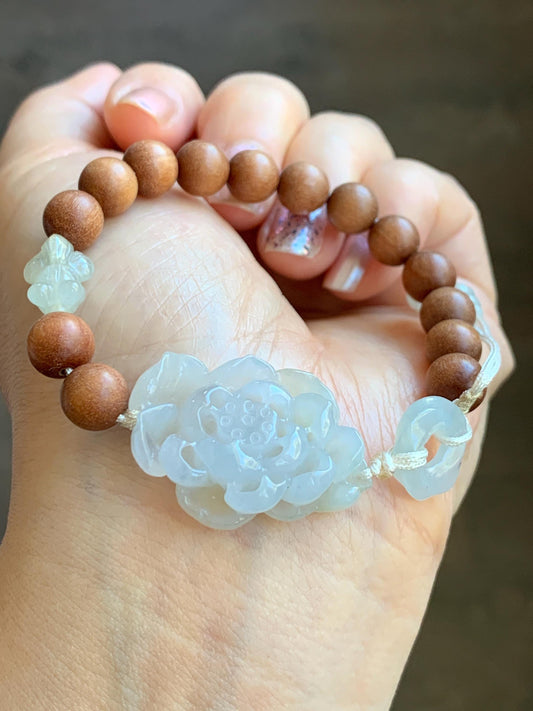Natural Icy Translucent Light Beige Jade Jadeite 3D Lotus Flower Donut Goldfish Wood Beads Beaded Bracelet 6.75” 天然起胶冰藕粉翡翠莲花木珠手串 OFL180