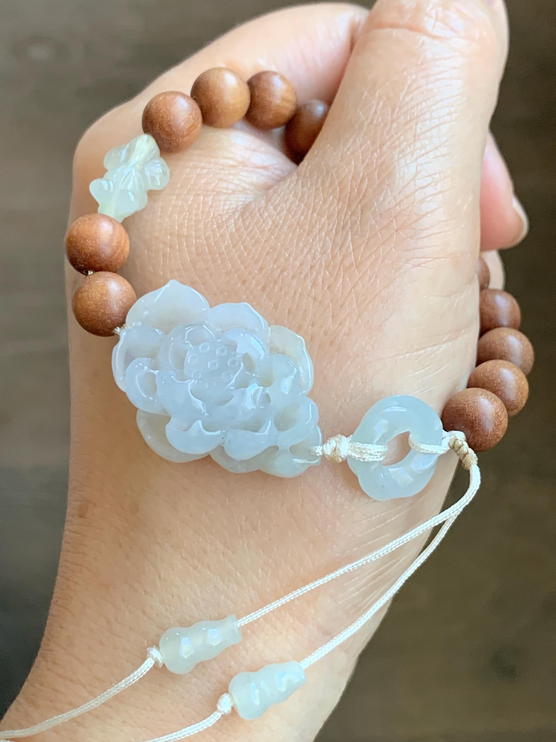 Natural Icy Translucent Light Beige Jade Jadeite 3D Lotus Flower Donut Goldfish Wood Beads Beaded Bracelet 6.75” 天然起胶冰藕粉翡翠莲花木珠手串 OFL180