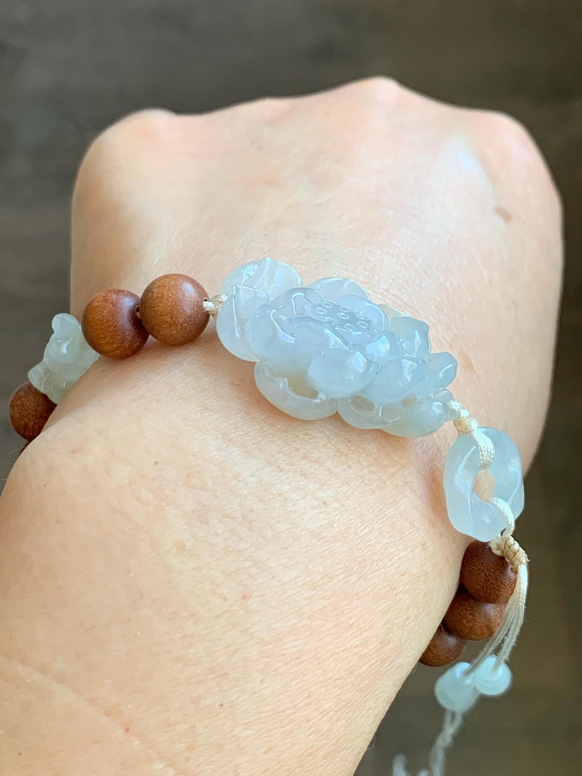 Natural Icy Translucent Light Beige Jade Jadeite 3D Lotus Flower Donut Goldfish Wood Beads Beaded Bracelet 6.75” 天然起胶冰藕粉翡翠莲花木珠手串 OFL180