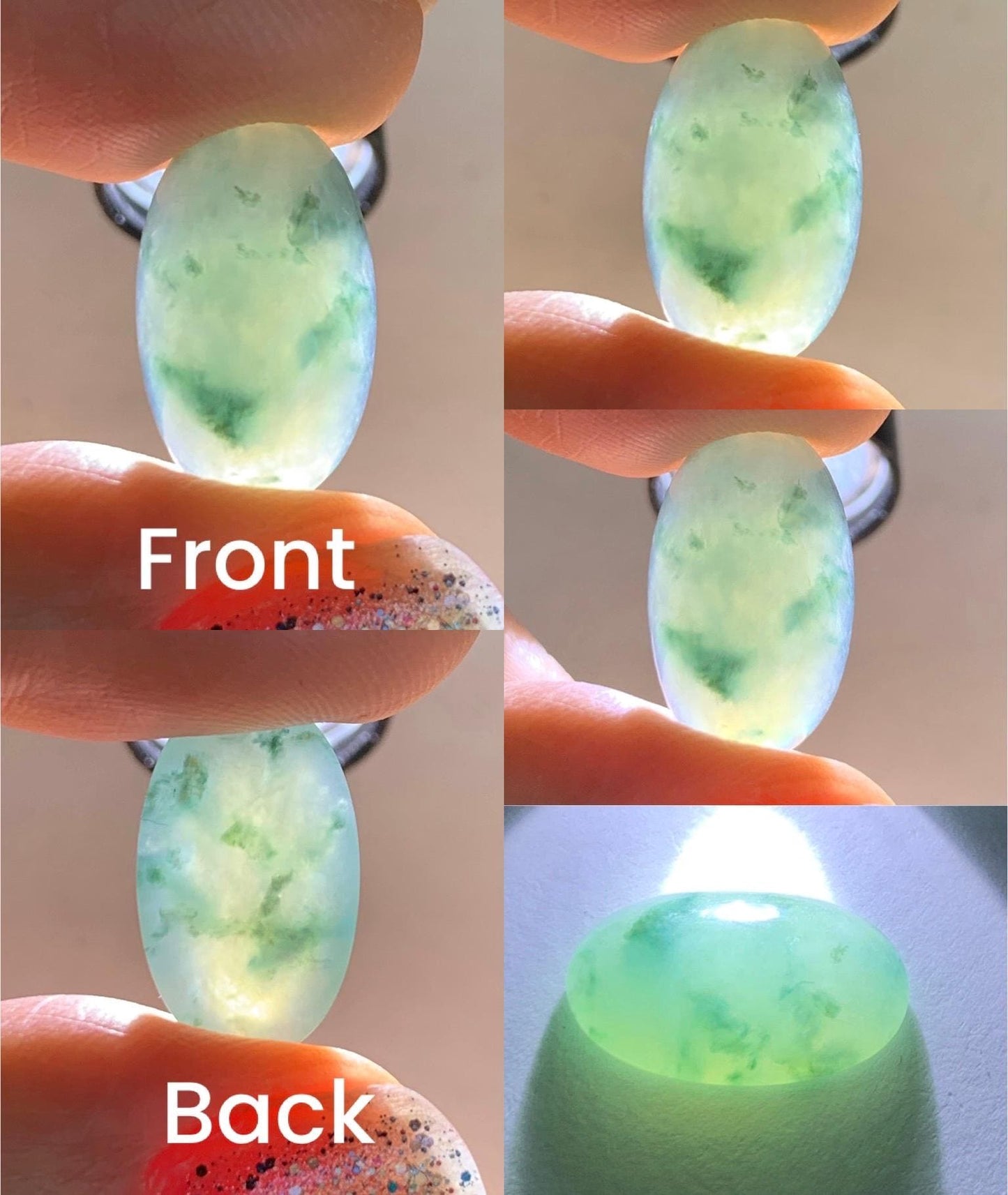 Natural Grade A Icy Translucent Gelatinous Green Marbled Jade Jadeite Oval Cabochon Loose Stone 9.8x16x5.66mm 天然冰胶飘花翡翠椭圆大蛋面 PHM88