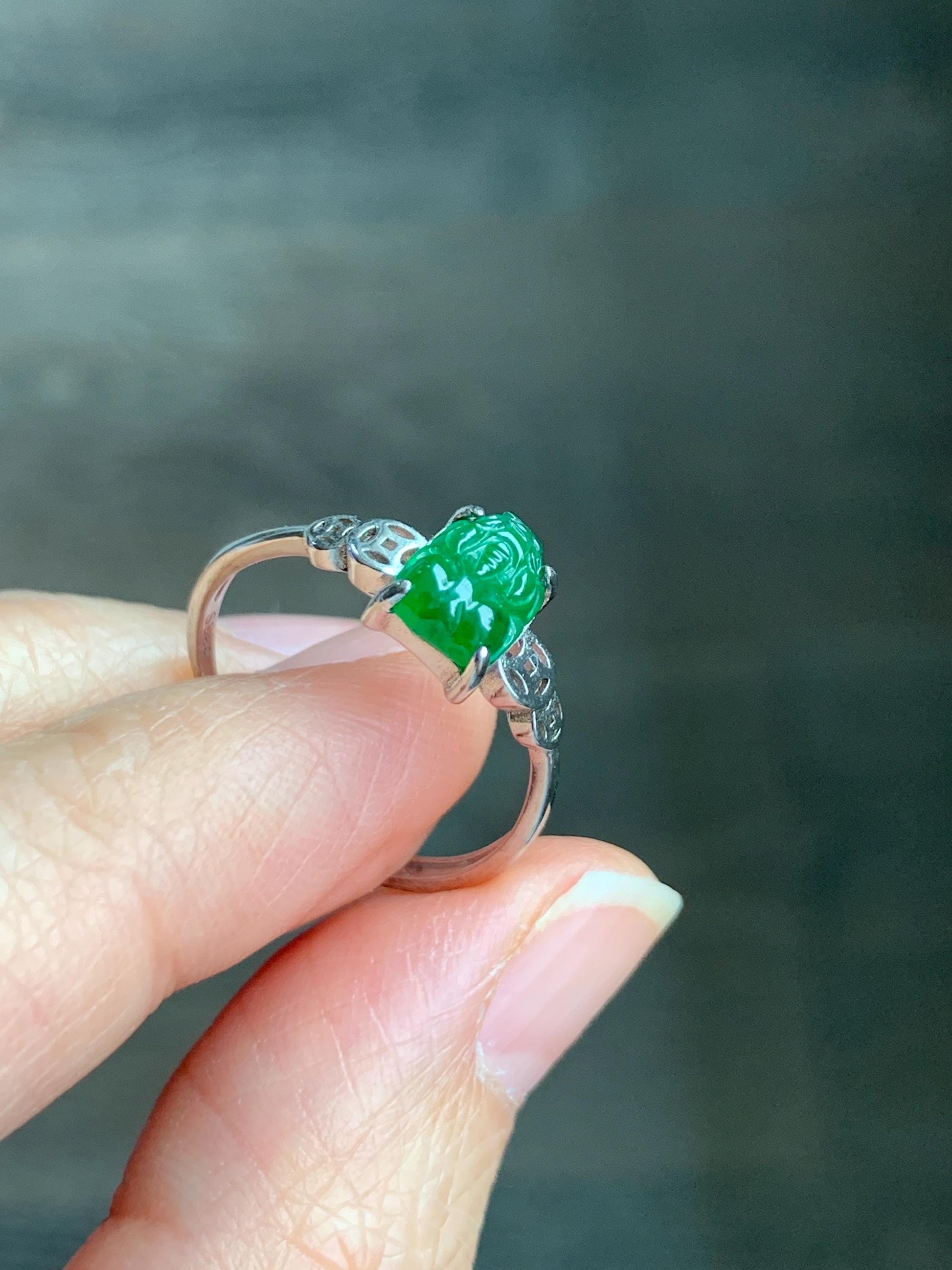 Natural Grade A Guatemalan Icy Translucent Vibrant Green Jadeite Petite Pixiu Ring Sterling Silver Size 7 Adjustable 天然冰危绿翡翠貔貅银镶戒指 XPP77