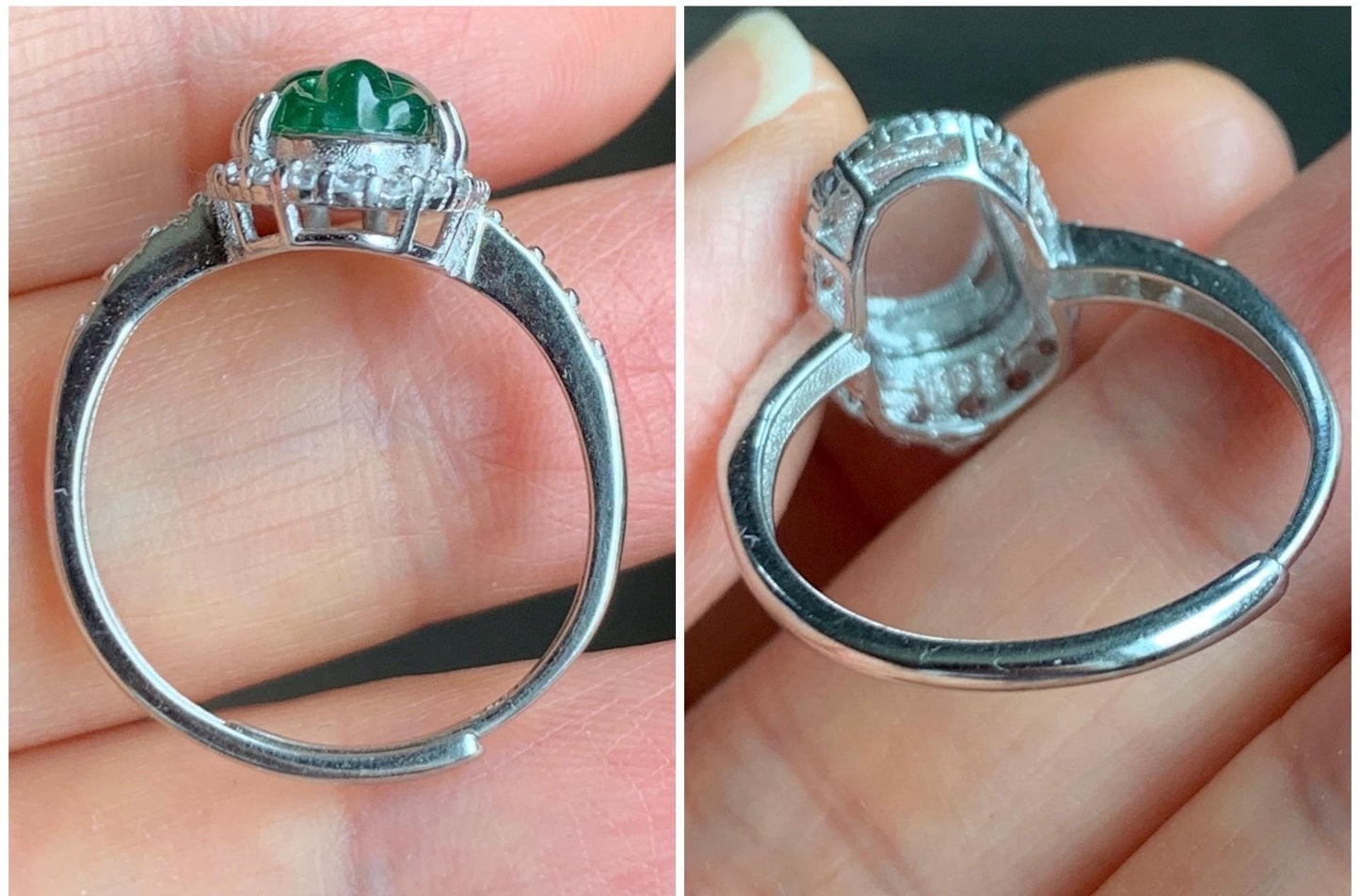 Natural Grade A Guatemalan Icy Translucent Green Jadeite Carved Goldfish Ring Sterling Silver Size 7 Adjustable 天然冰危绿翡翠金鱼银镶戒指 LJY180-A