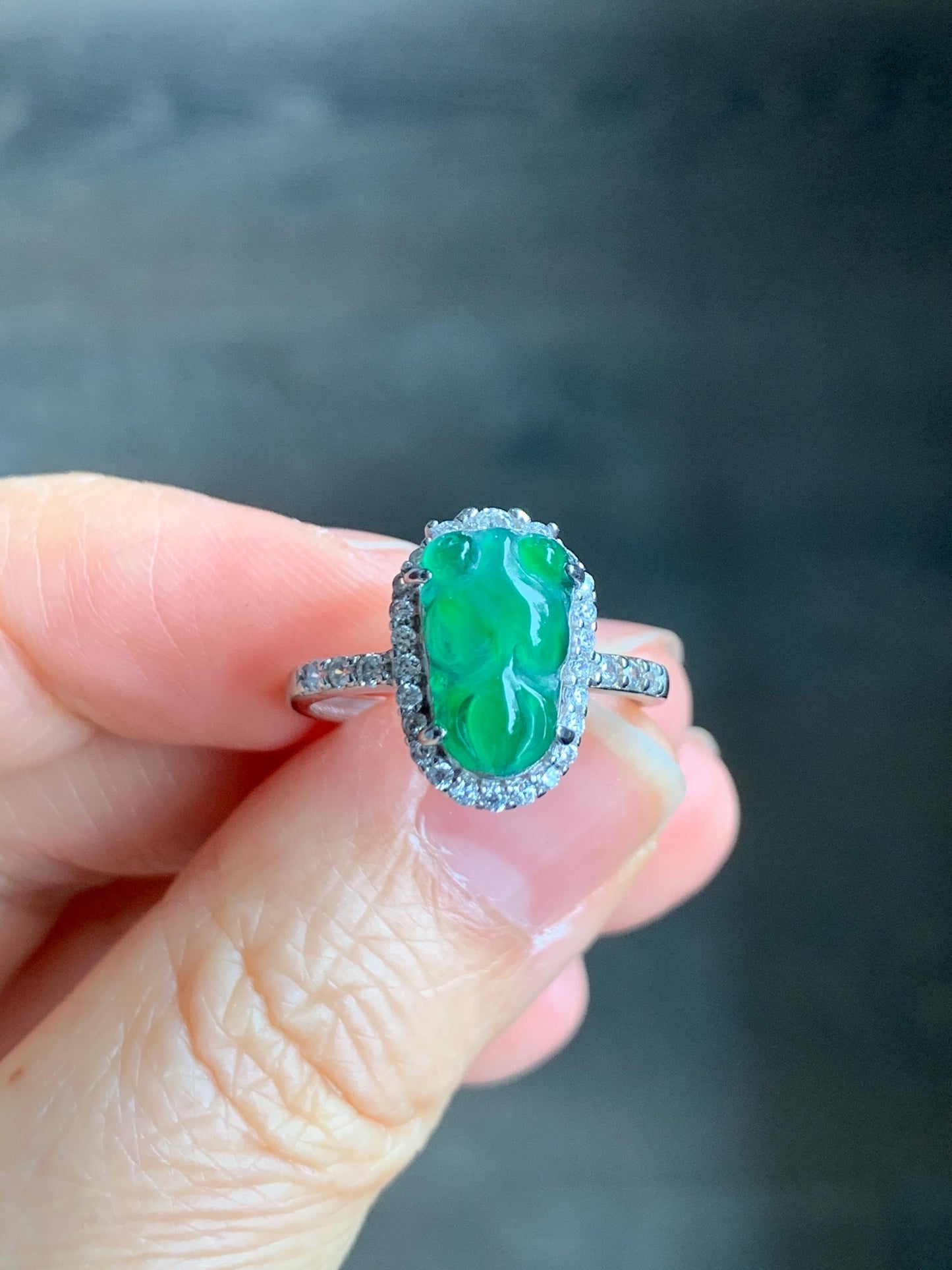 Natural Grade A Guatemalan Icy Translucent Green Jadeite Carved Goldfish Ring Sterling Silver Size 7 Adjustable 天然冰危绿翡翠金鱼银镶戒指 LJY180-A